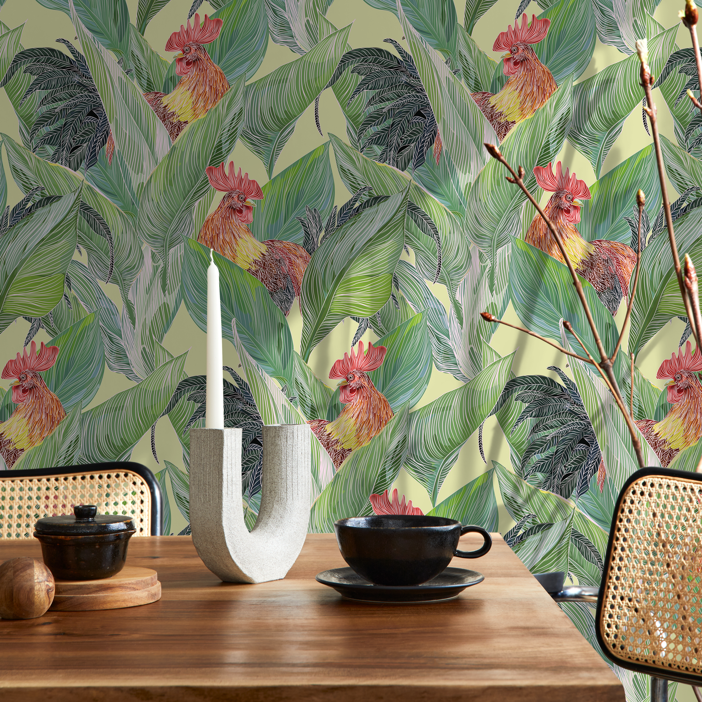 Animal Wallpaper Featuring Jungle Roosters In Green, Red, And Yellow - B128