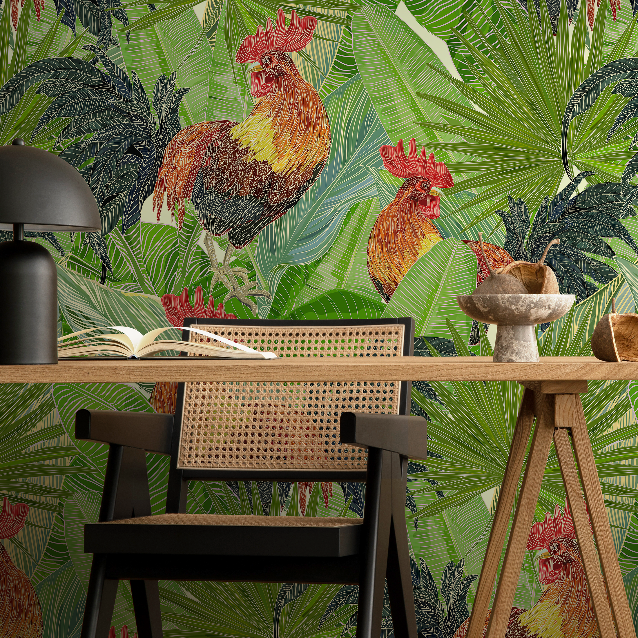 Tropical Wallpaper With Roosters And Palm Leaves In Green And Red - B129