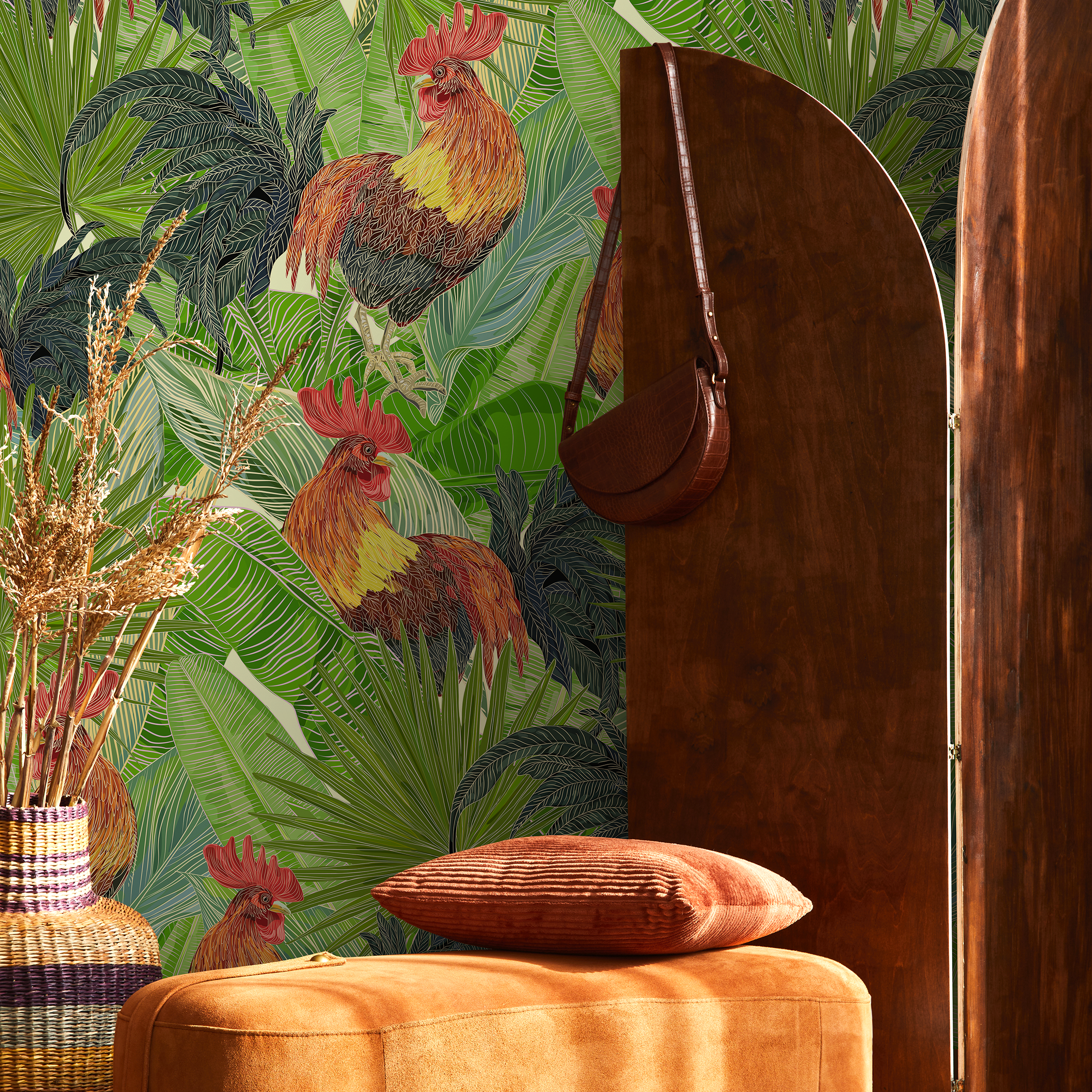 Tropical Wallpaper With Roosters And Palm Leaves In Green And Red - B129