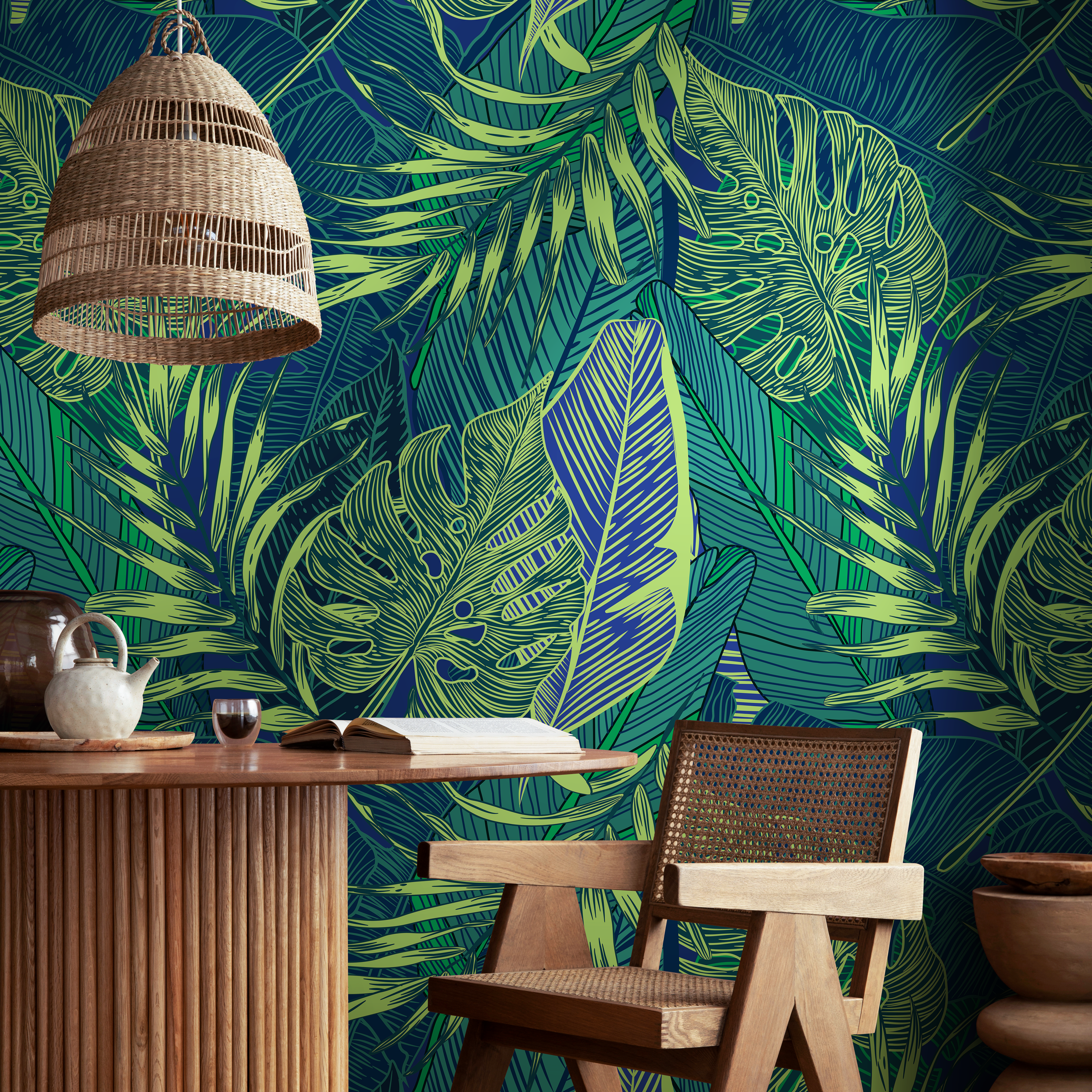 Botanical Wallpaper With A Graphic Jungle Leaf Motif In Green And Blue - B131