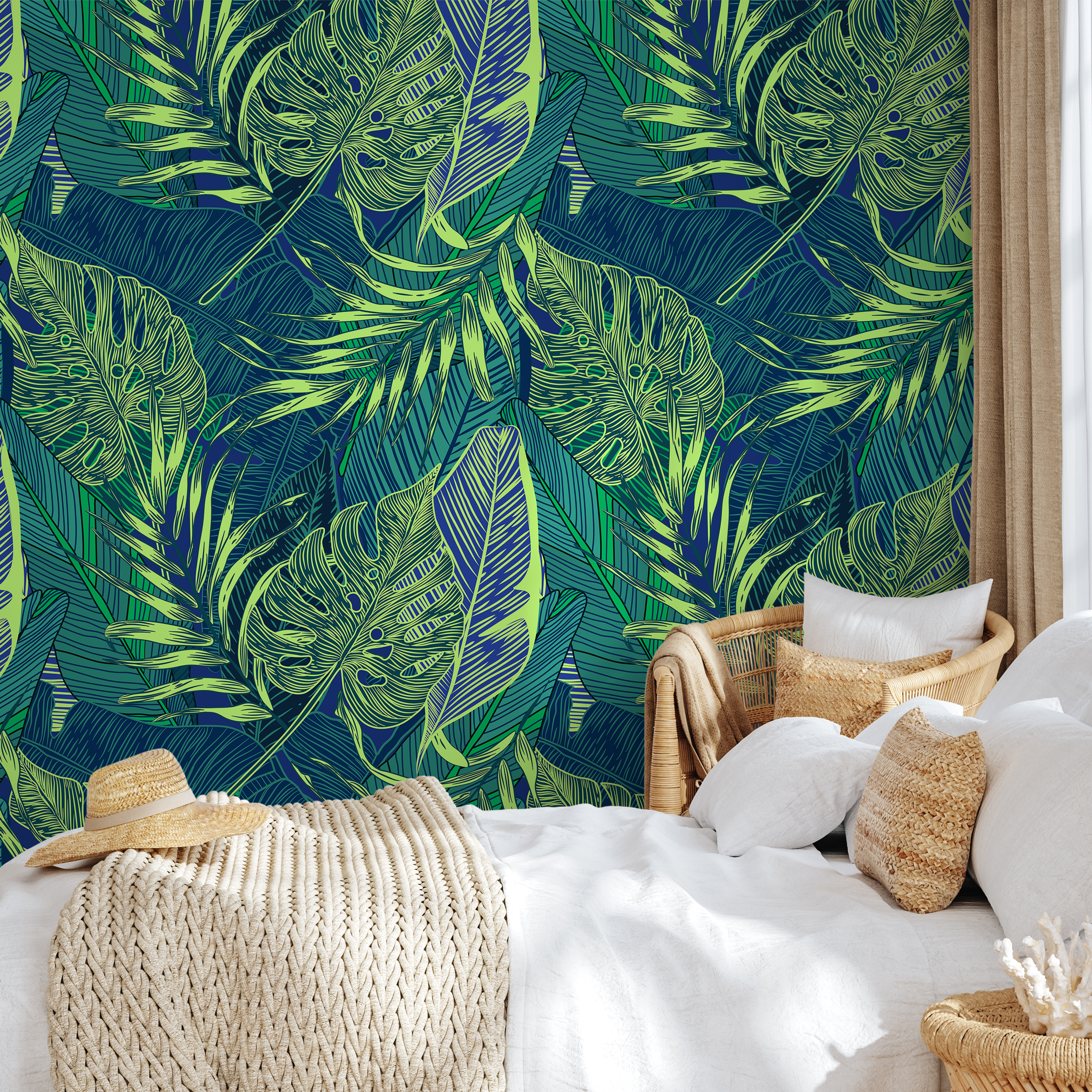Botanical Wallpaper With A Graphic Jungle Leaf Motif In Green And Blue - B131