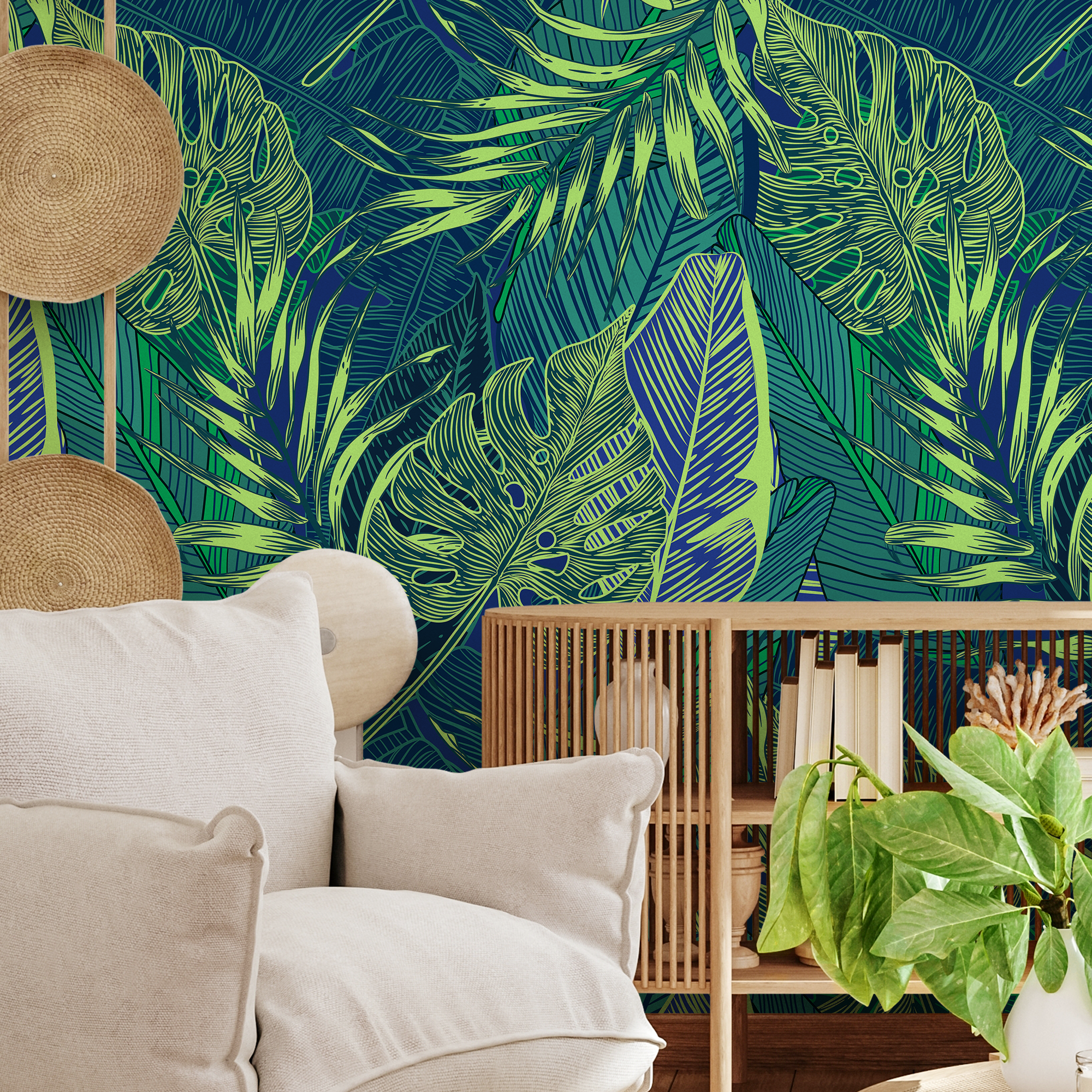 Botanical Wallpaper With A Graphic Jungle Leaf Motif In Green And Blue - B131