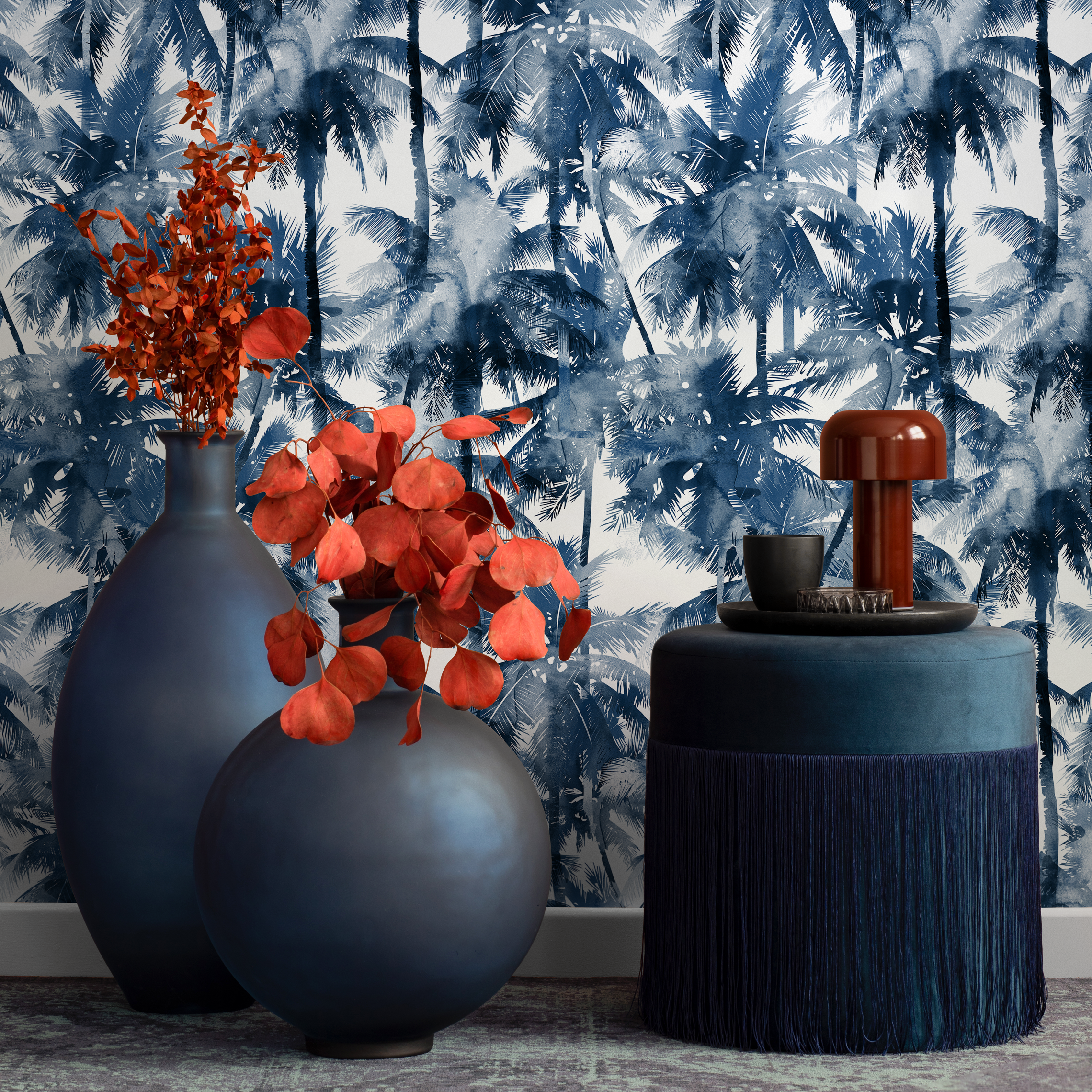Botanical Wallpaper With A Watercolor Palm Tree Forest In Navy Blue - B133