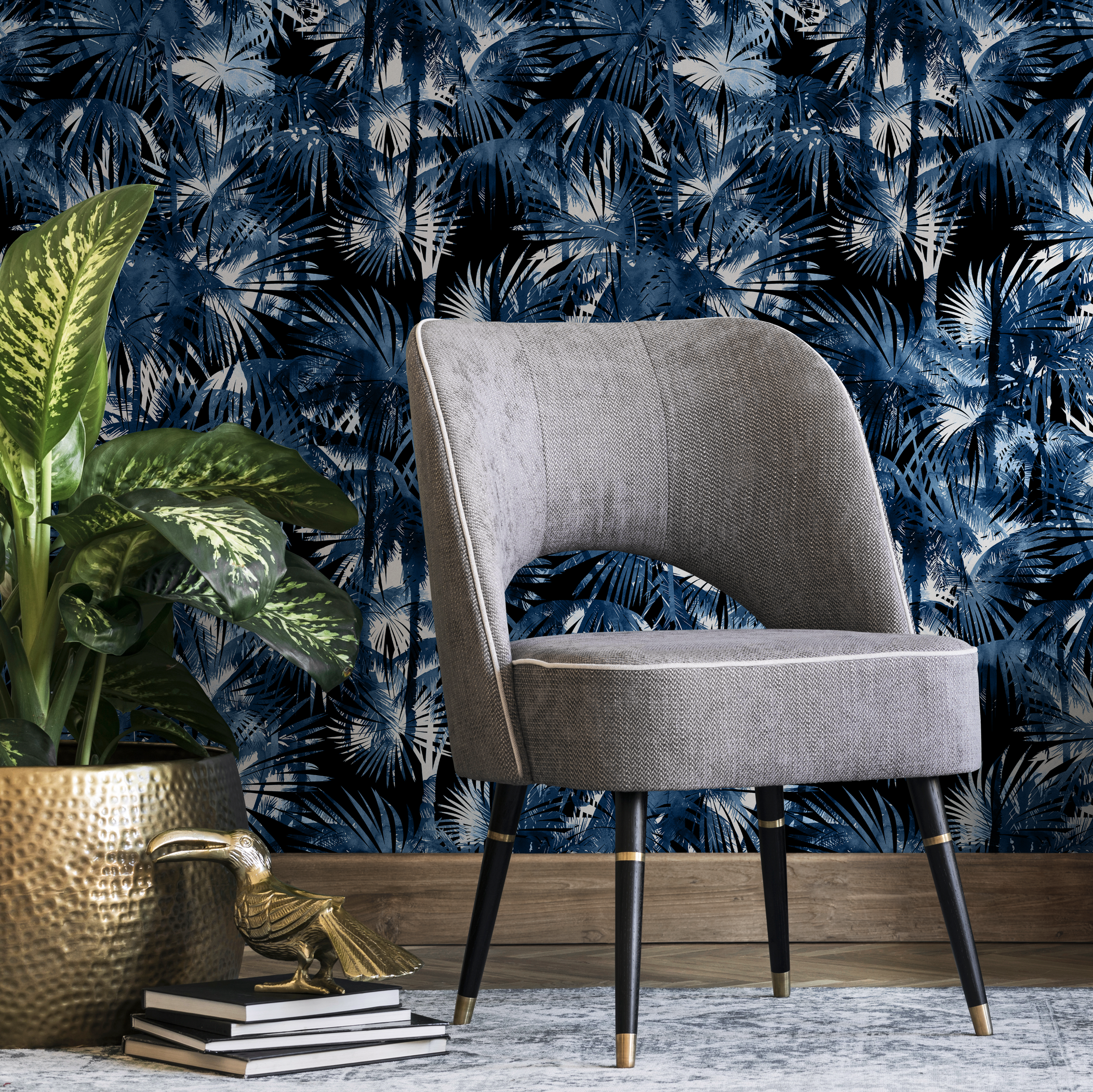 Tropical Wallpaper With Layered Palm Fronds In Navy Blue And Black - B136
