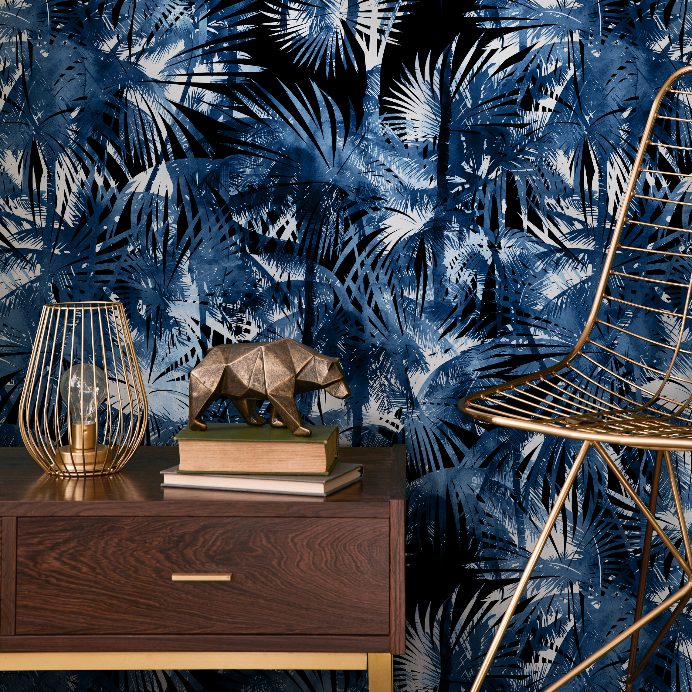 Tropical Wallpaper With Layered Palm Fronds In Navy Blue And Black - B136