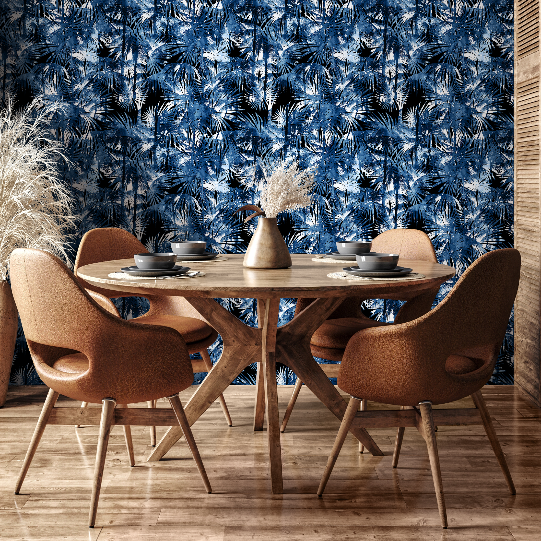 Tropical Wallpaper With Layered Palm Fronds In Navy Blue And Black - B136