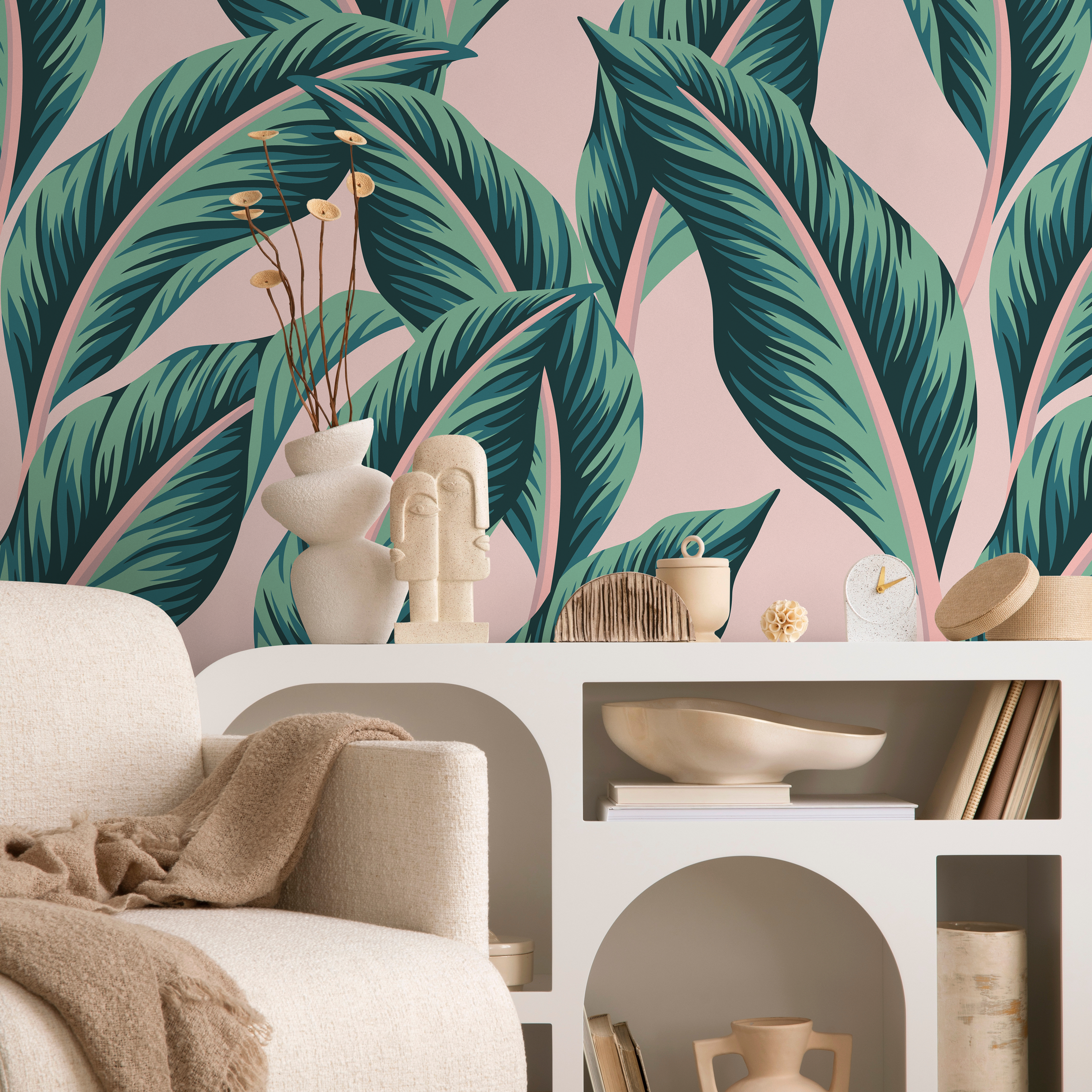 Botanical Wallpaper Featuring Oversized Tropical Leaves In Pink And Green - B140