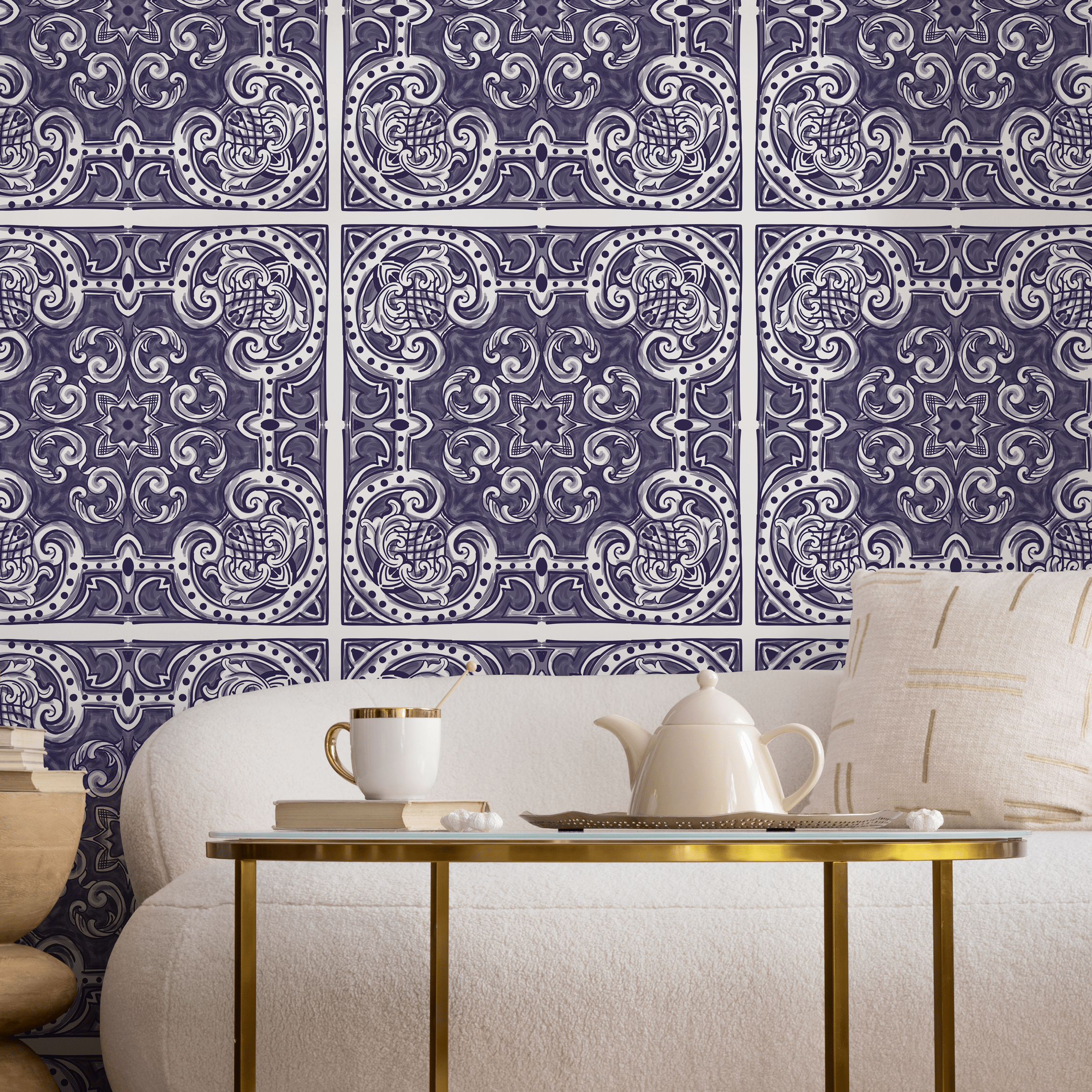 Vintage Tile Wallpaper With An Ornate Azulejo Motif In Blue And White - B142