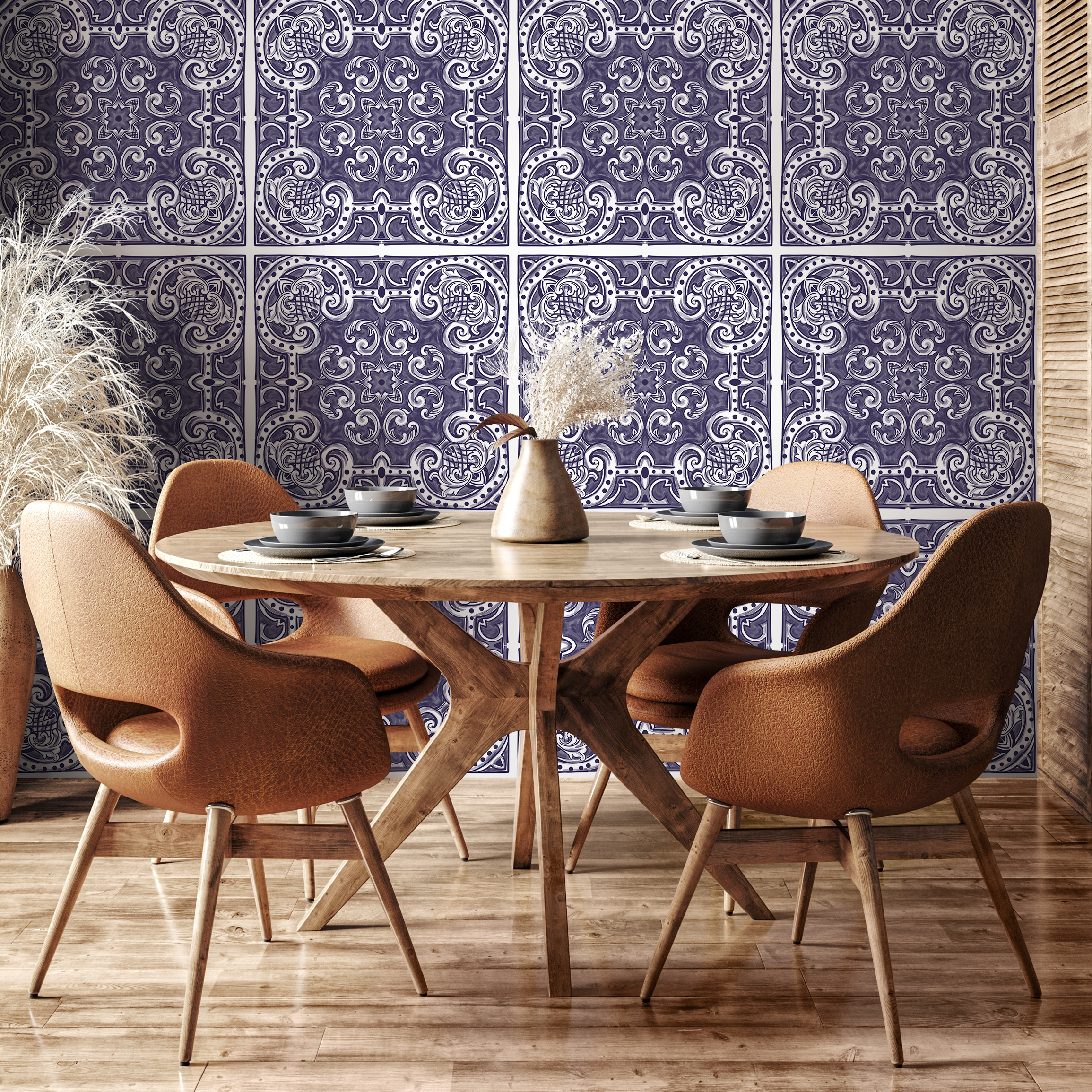 Vintage Tile Wallpaper With An Ornate Azulejo Motif In Blue And White - B142