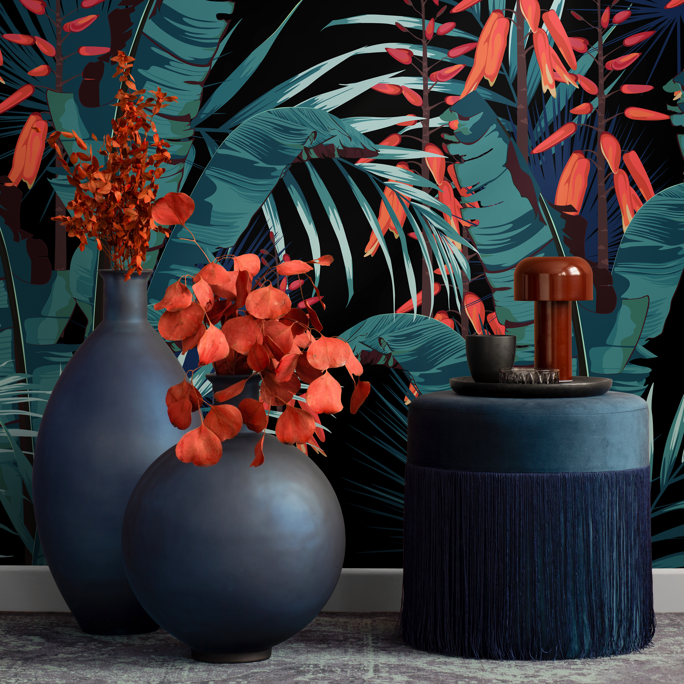 Tropical Wallpaper With Lush Palm Leaves In Teal, Orange, And Black - B143