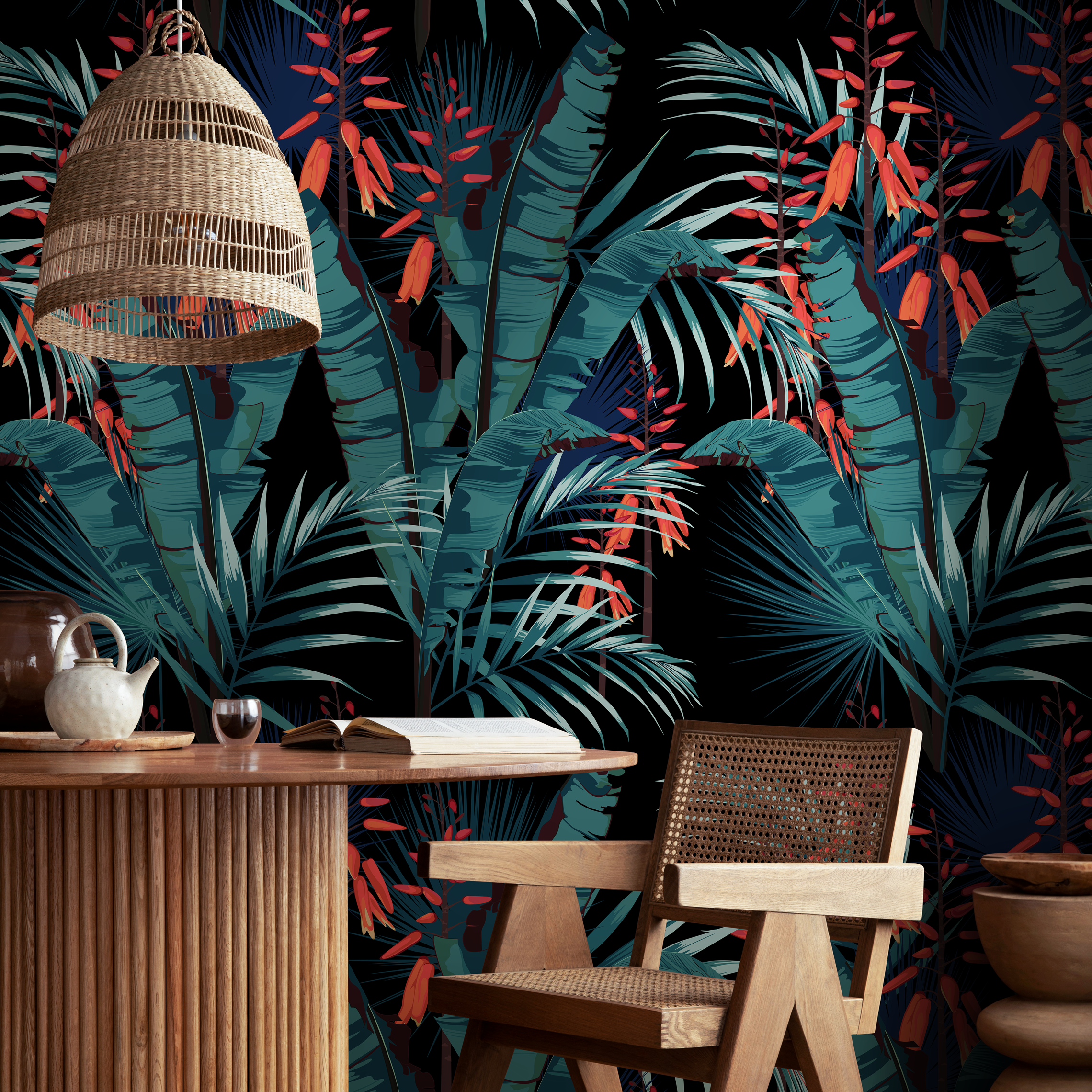 Tropical Wallpaper With Lush Palm Leaves In Teal, Orange, And Black - B143