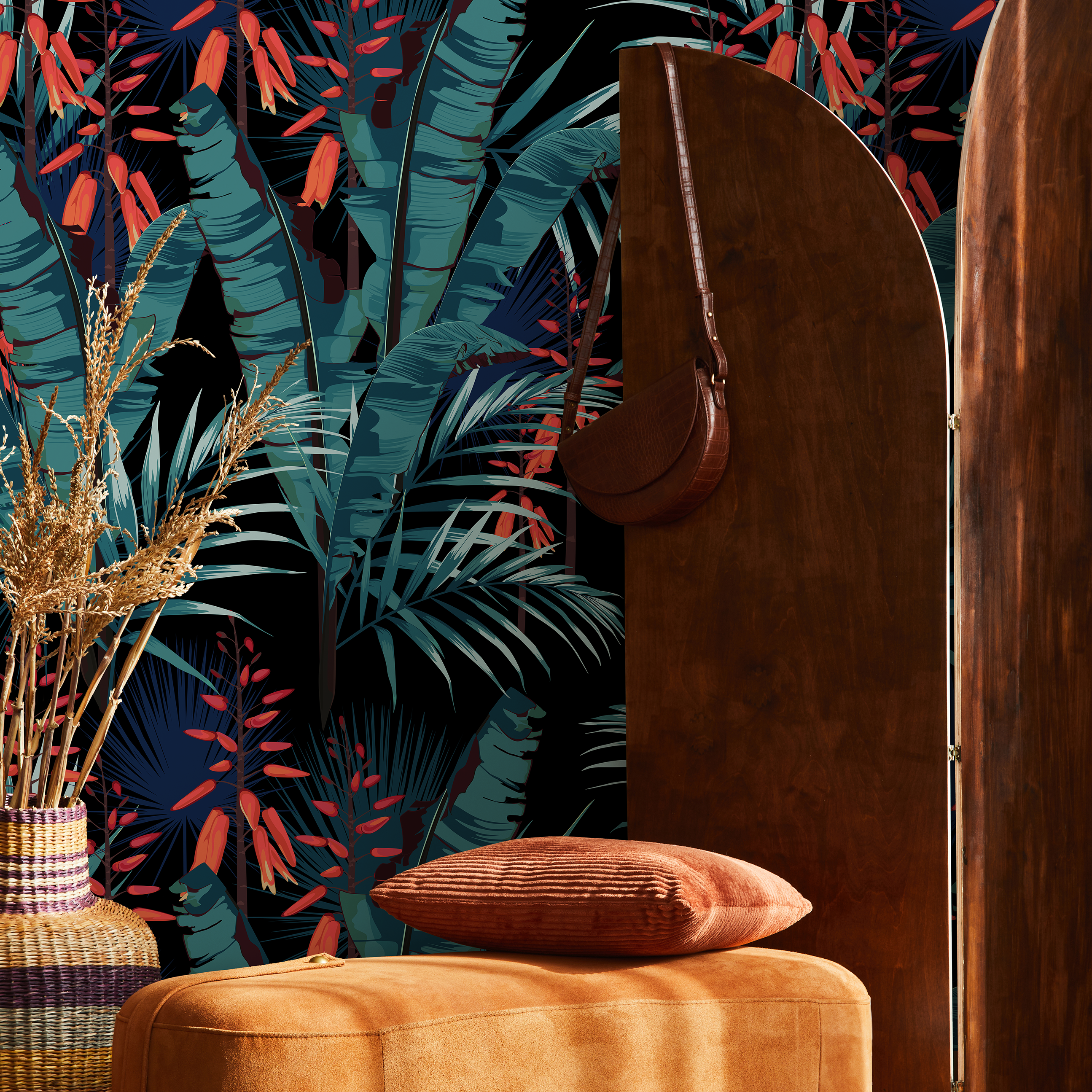 Tropical Wallpaper With Lush Palm Leaves In Teal, Orange, And Black - B143