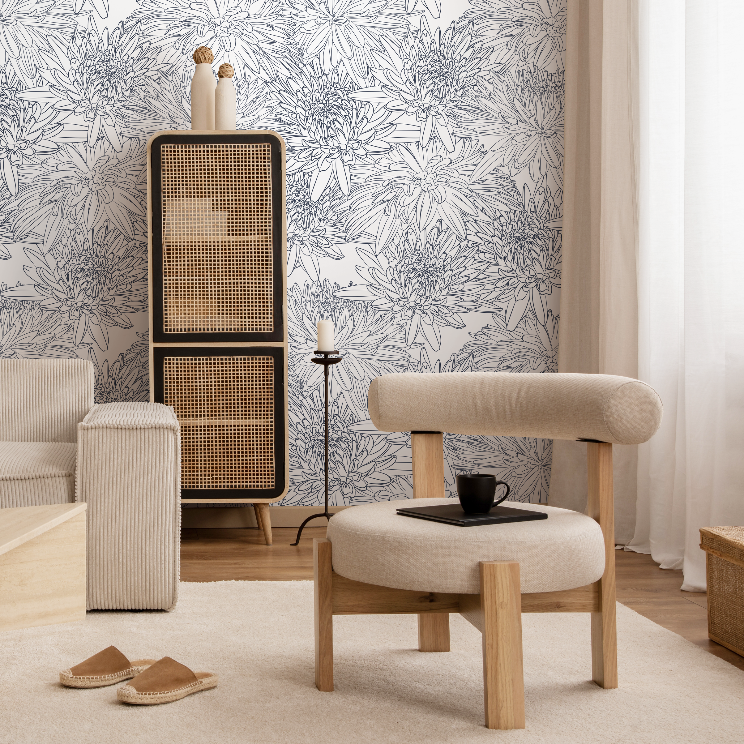 Floral Wallpaper With Hand-drawn Chrysanthemums In Blue - B150