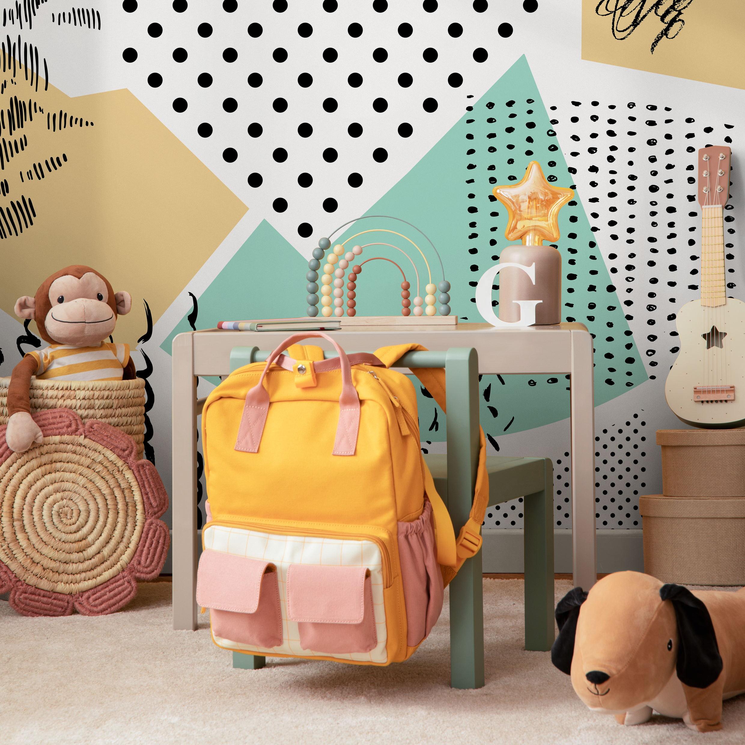 Abstract Wallpaper With A Modern Patchwork Motif In Black, Tan, And Mint Green - B158