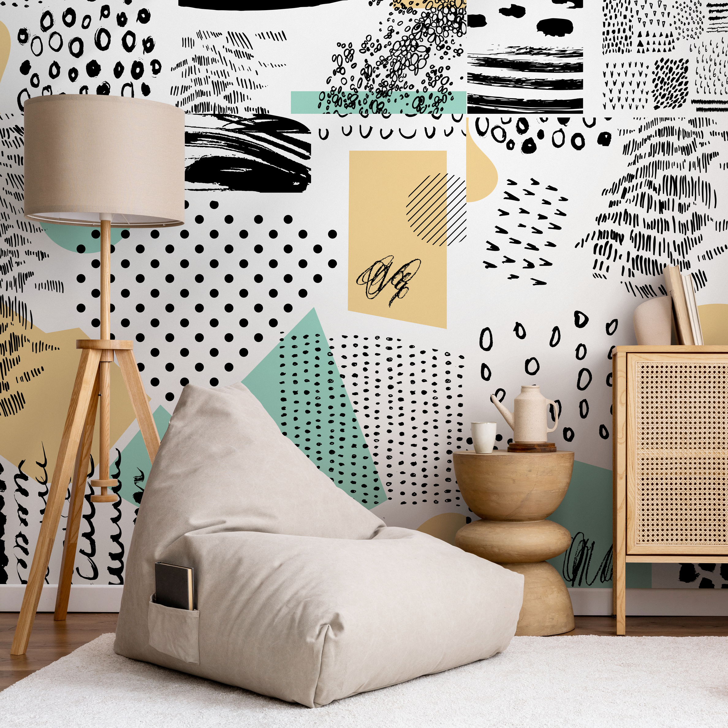 Abstract Wallpaper With A Modern Patchwork Motif In Black, Tan, And Mint Green - B158