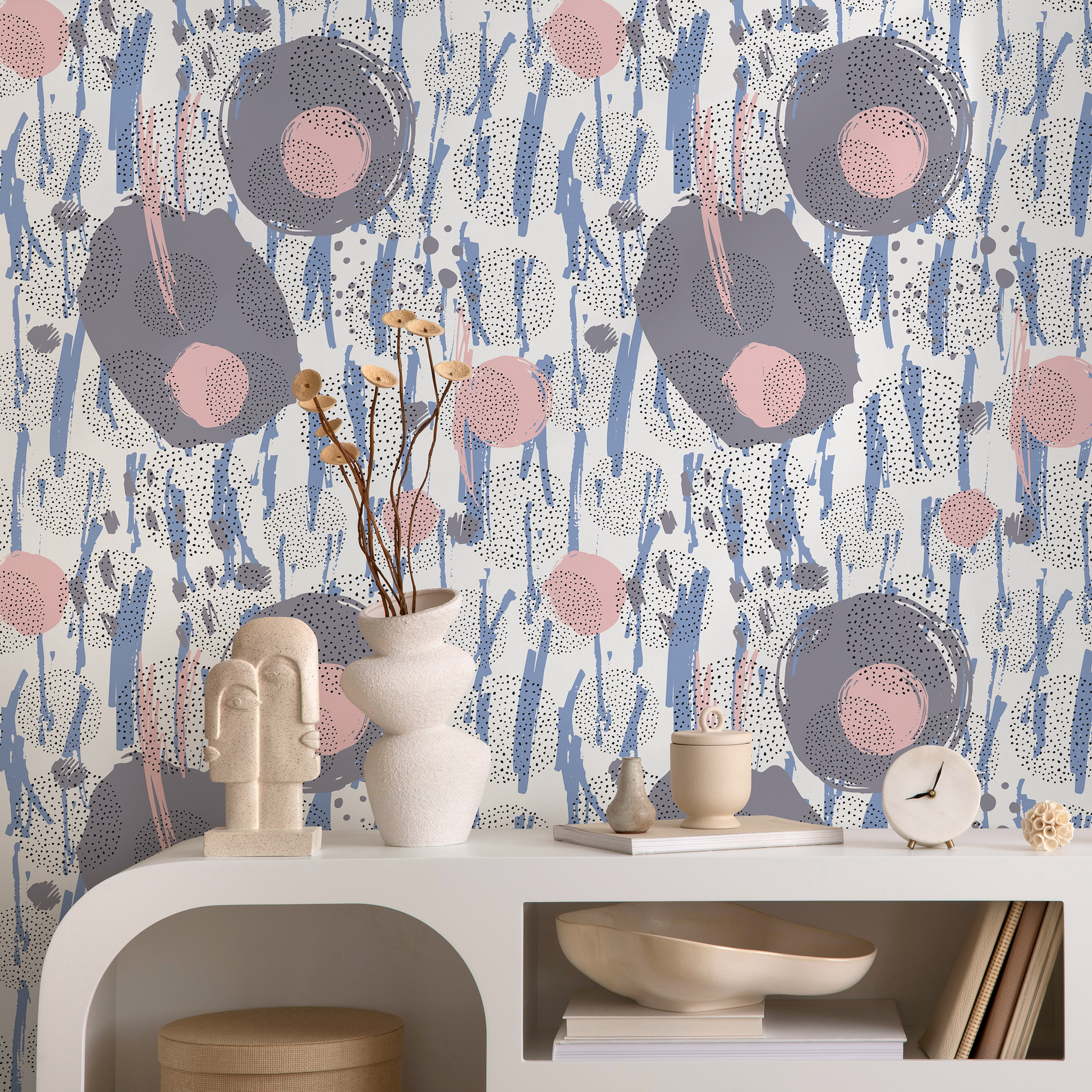 Abstract Wallpaper With Painted Circles And Brush Strokes In Blue, Pink, And Grey - B165