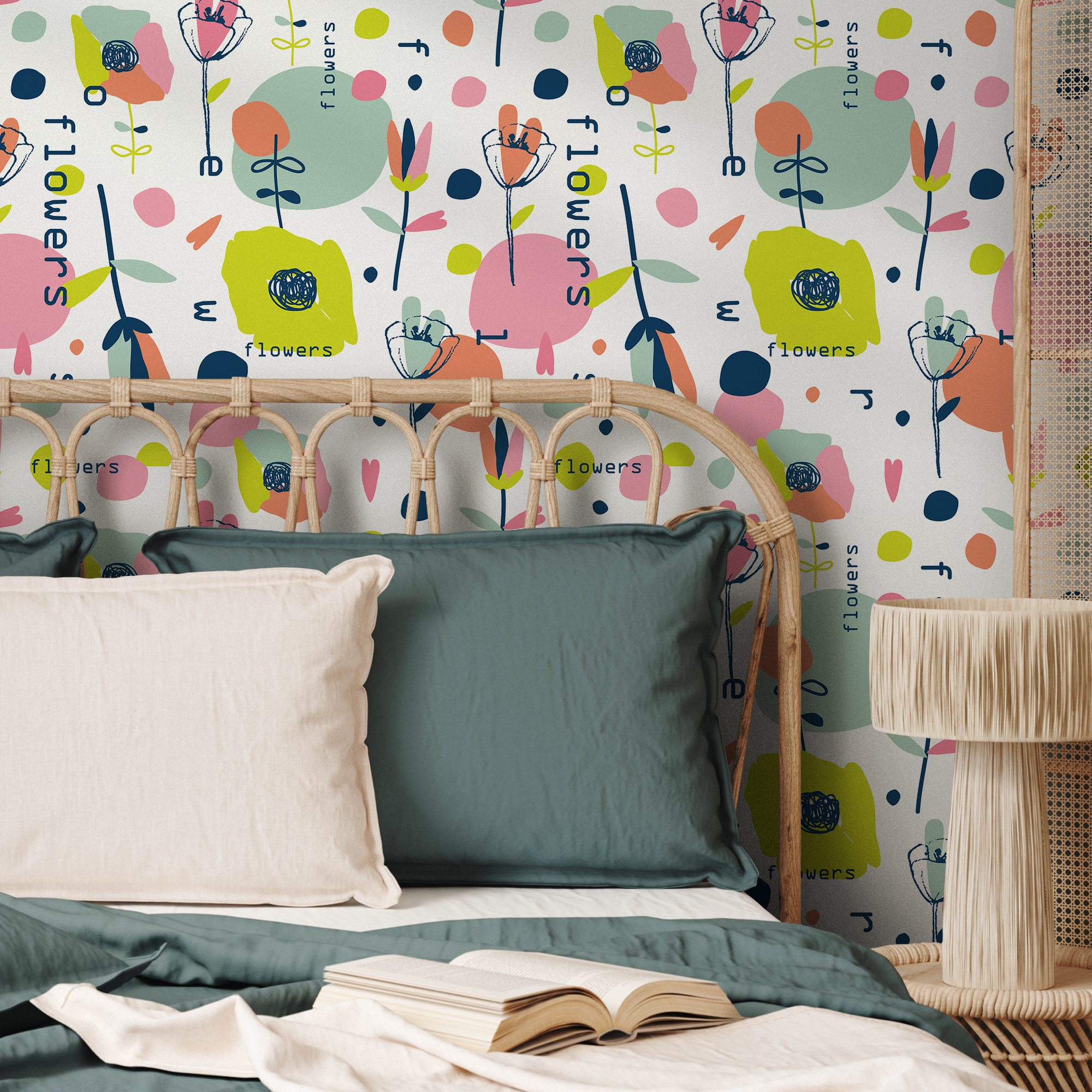 Scandinavian Wallpaper With Abstract Flowers In Pink, Blue, And Green - B170