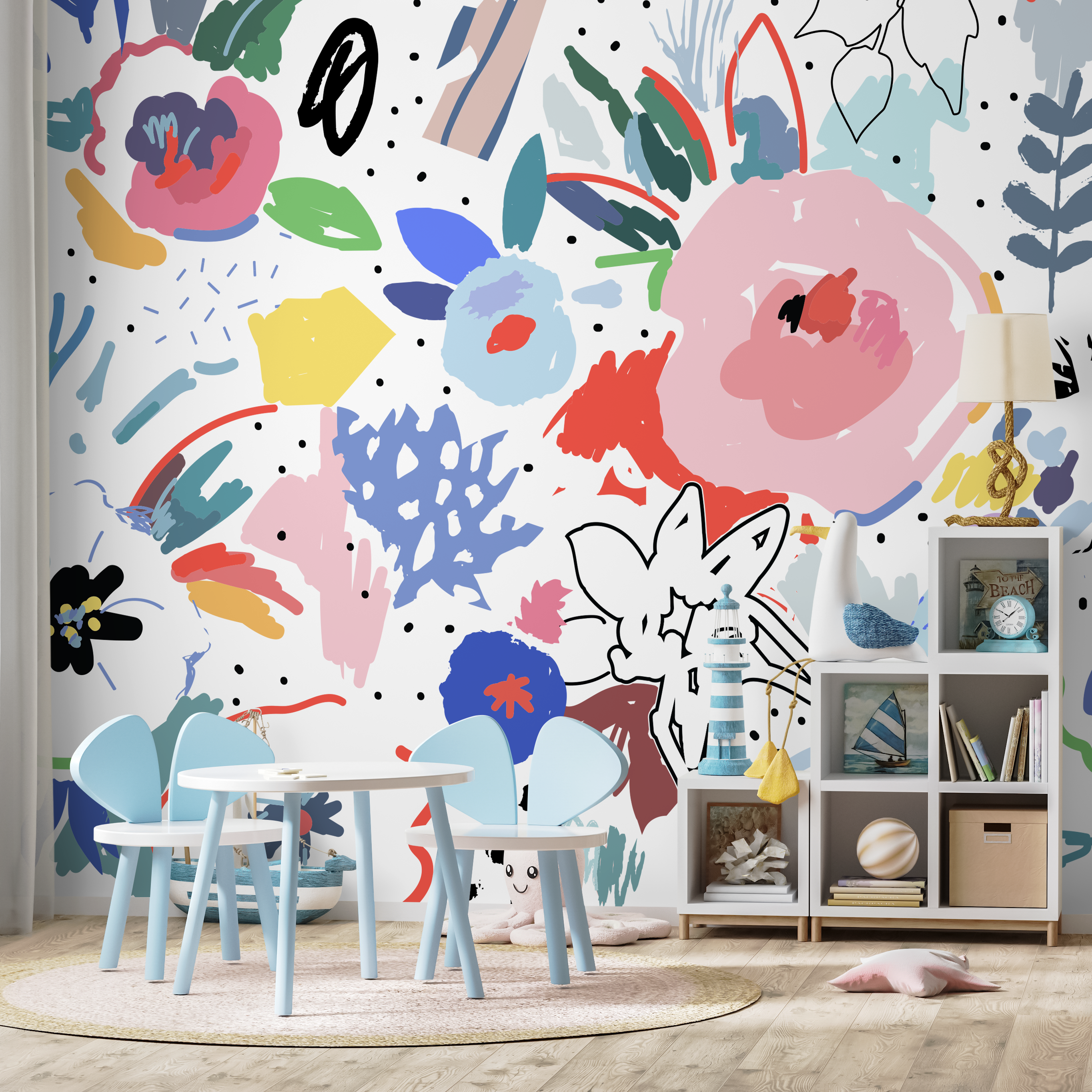 Abstract Wallpaper With Painterly Florals In Pink, Blue, And Red - B172