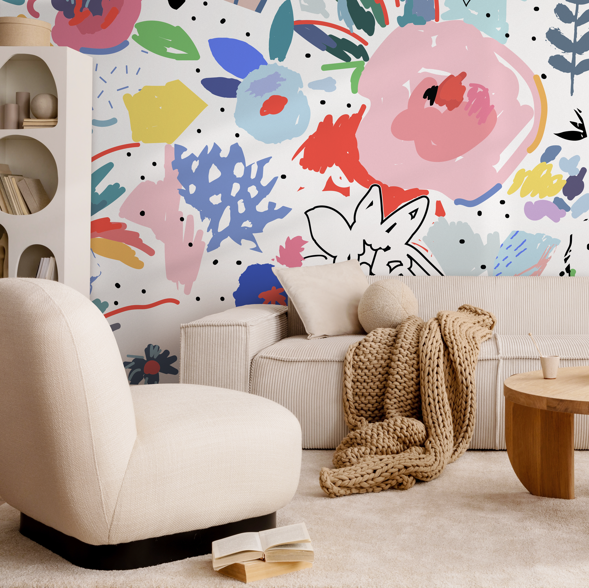 Abstract Wallpaper With Painterly Florals In Pink, Blue, And Red - B172