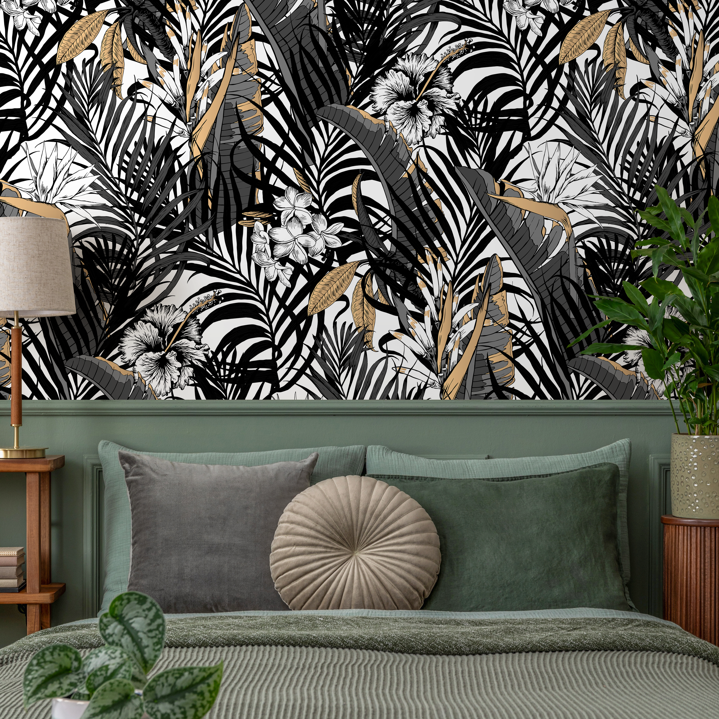 Tropical Wallpaper With Jungle Leaves And Hibiscus In Black, Grey, And Gold - B179