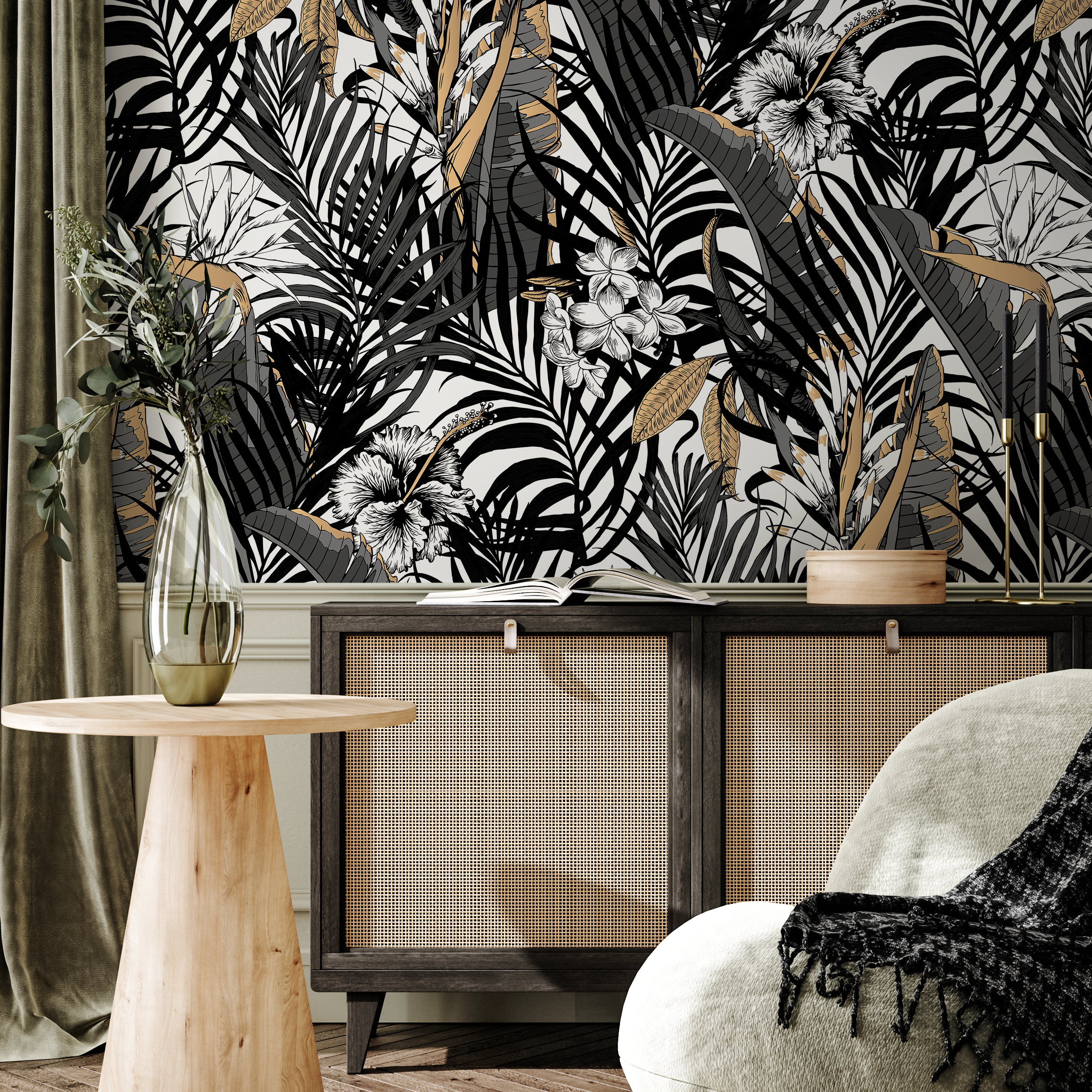 Tropical Wallpaper With Jungle Leaves And Hibiscus In Black, Grey, And Gold - B179