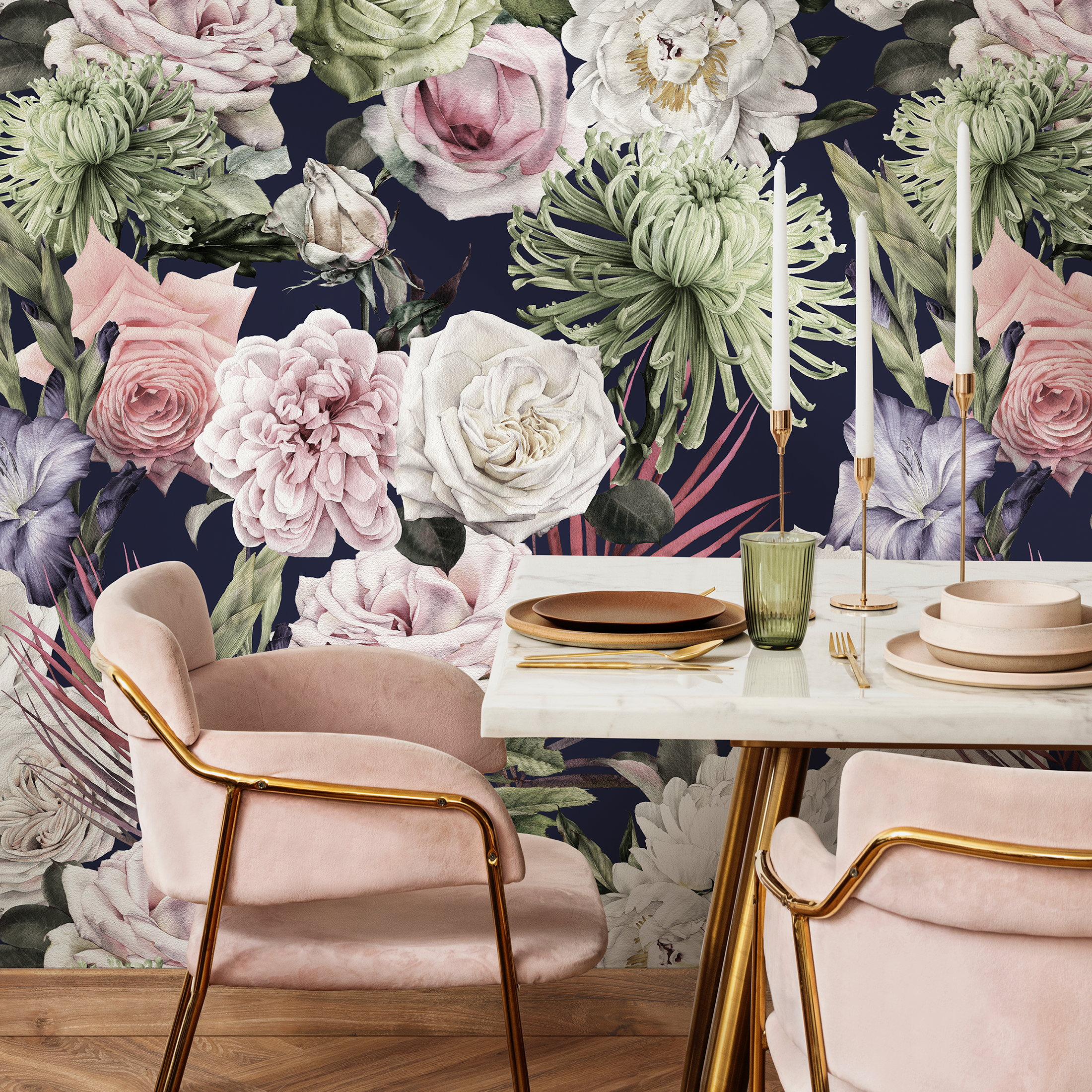 Floral Wallpaper With A Dramatic Bouquet Of Roses In Navy, Pink, And Green - B180