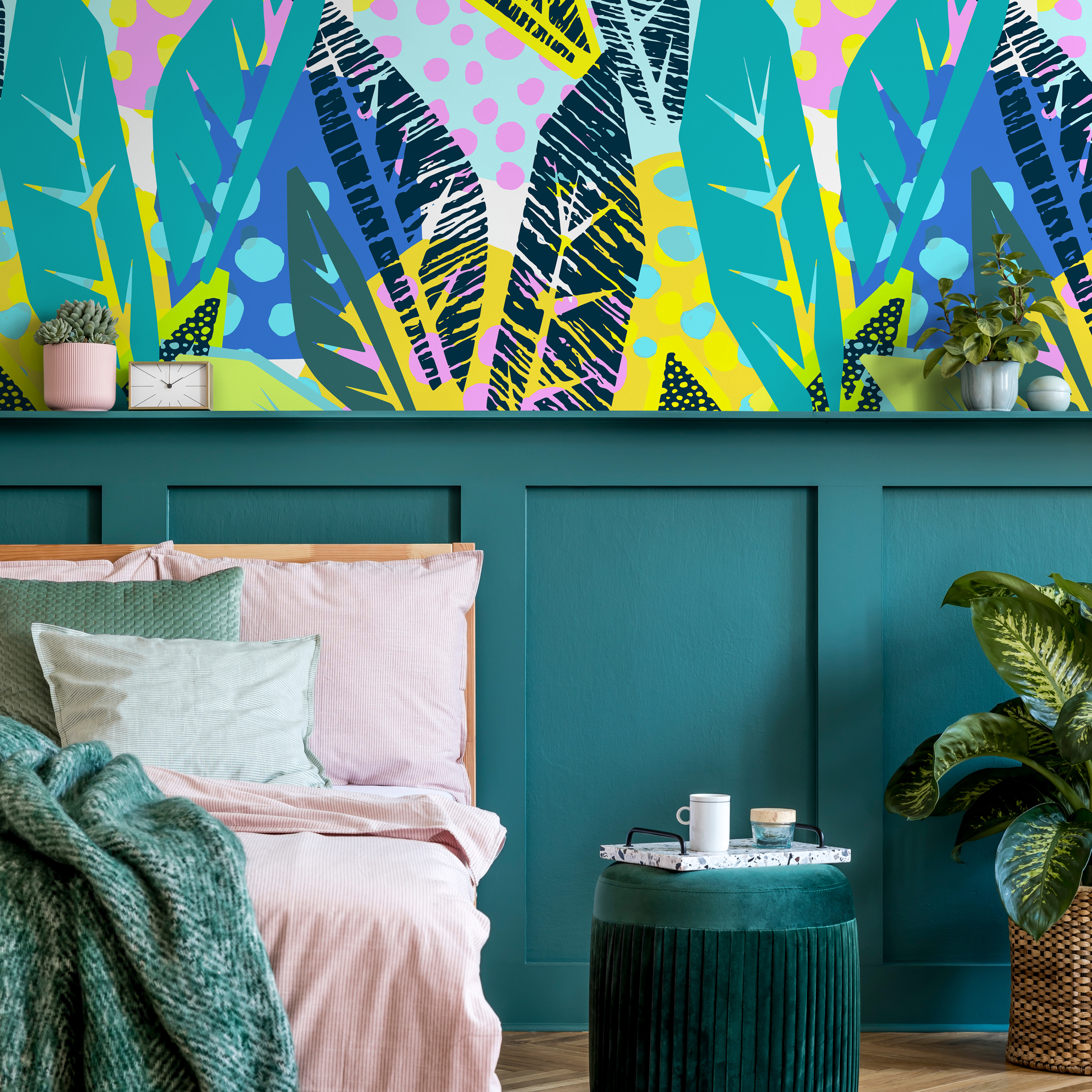 Abstract Botanical Wallpaper With A Colorful Leaf Collage In Yellow, Blue, And Pink - B181