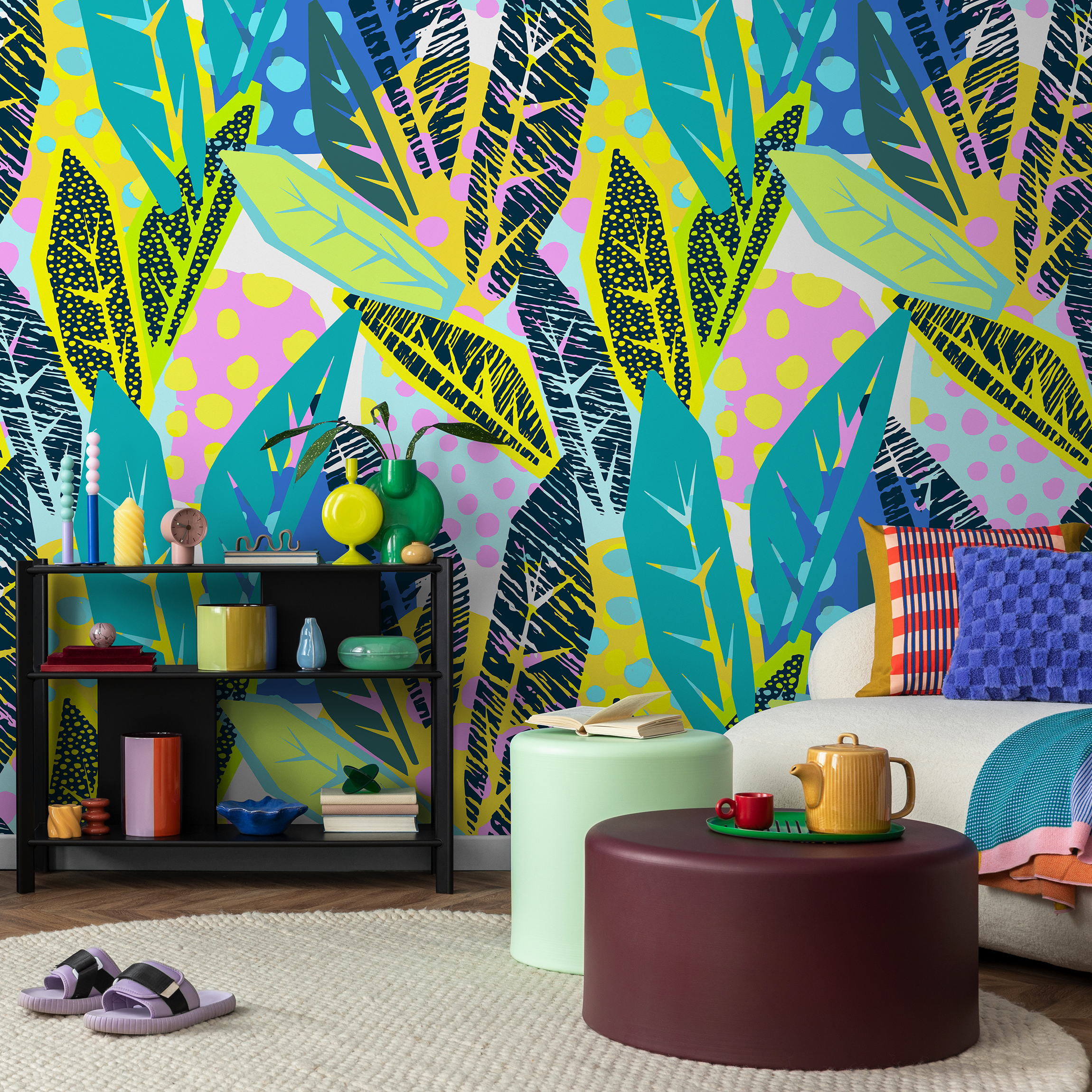Abstract Botanical Wallpaper With A Colorful Leaf Collage In Yellow, Blue, And Pink - B181