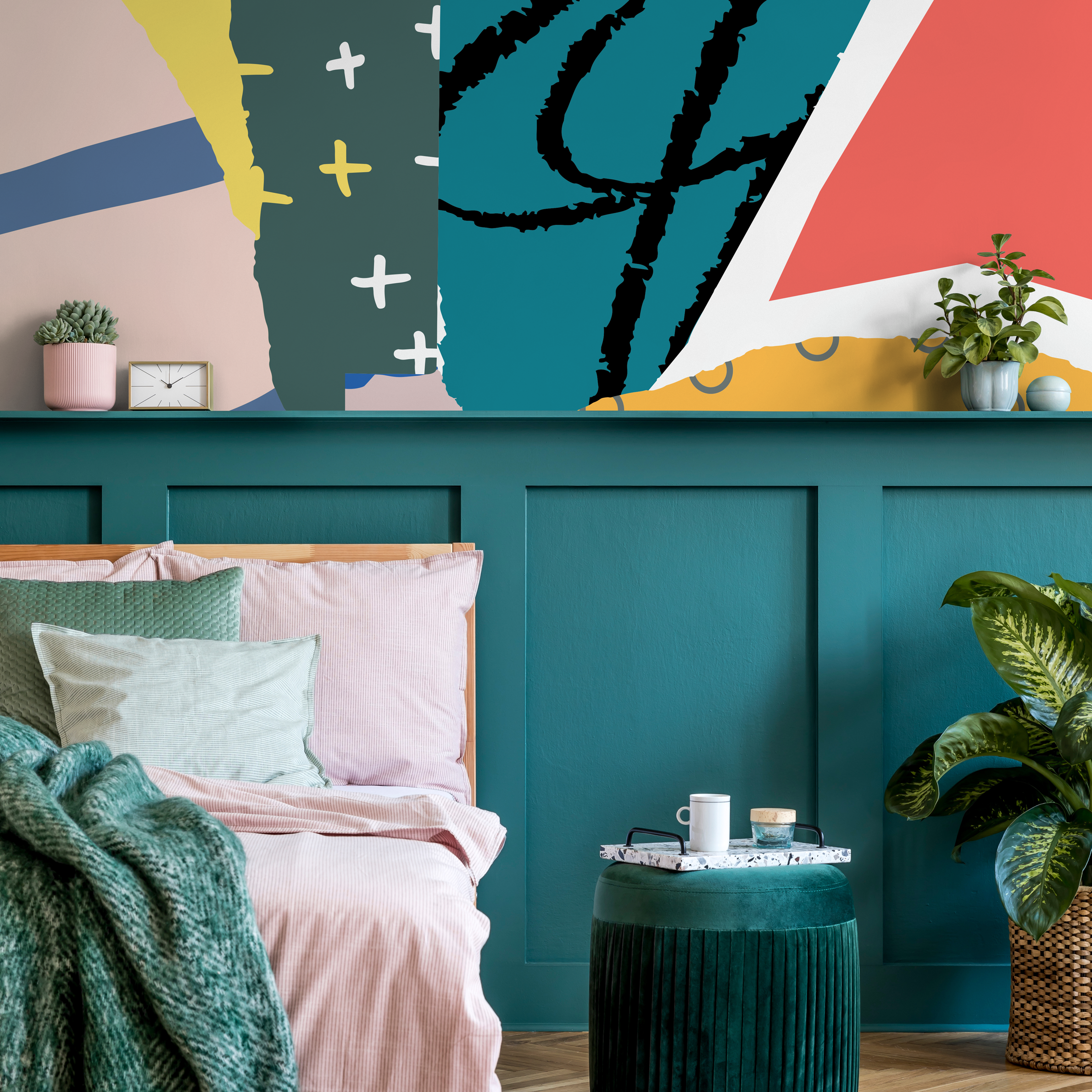 Abstract Wallpaper With A Modern Collage Motif In Red, Blue, And Yellow - B182