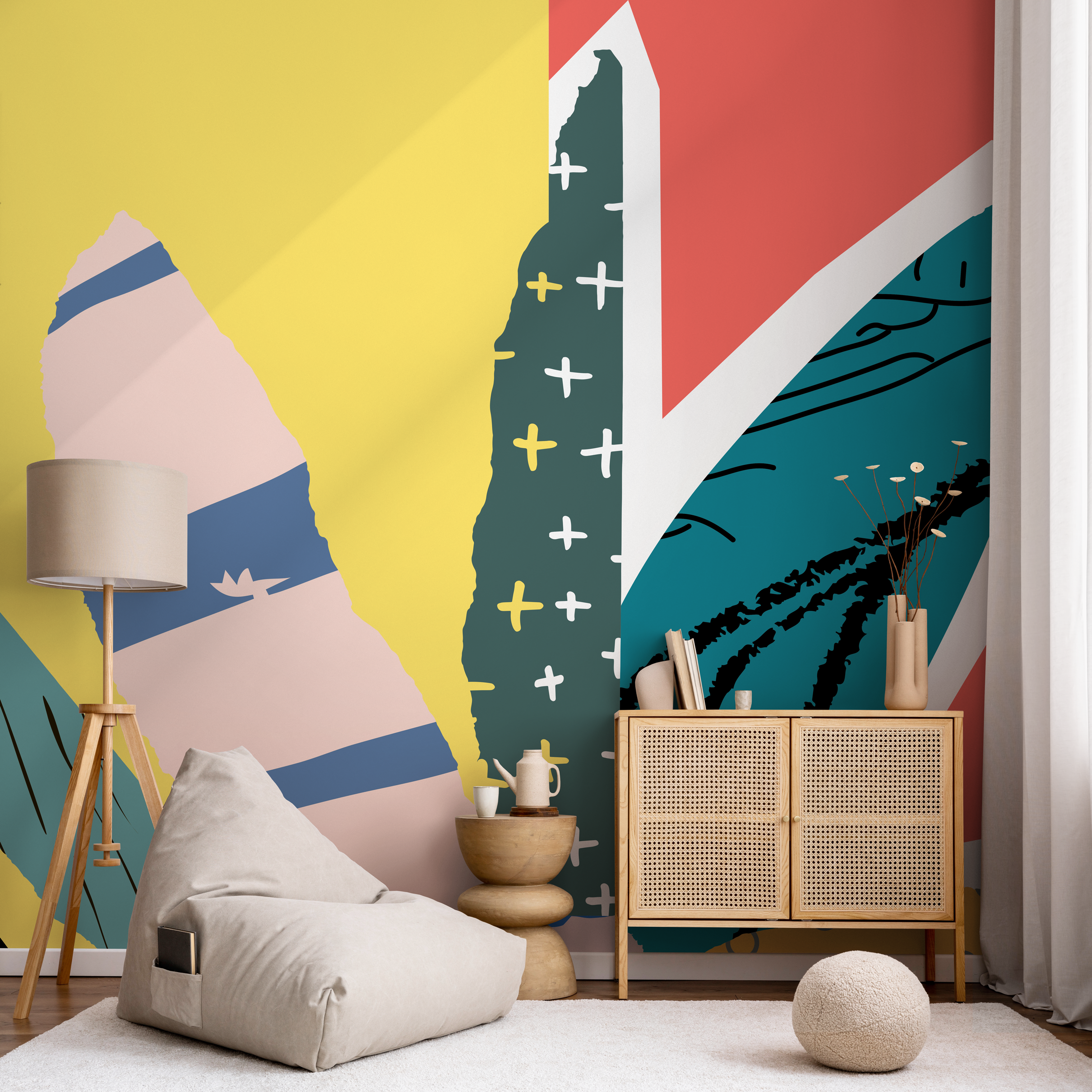 Abstract Wallpaper With A Modern Collage Motif In Red, Blue, And Yellow - B182