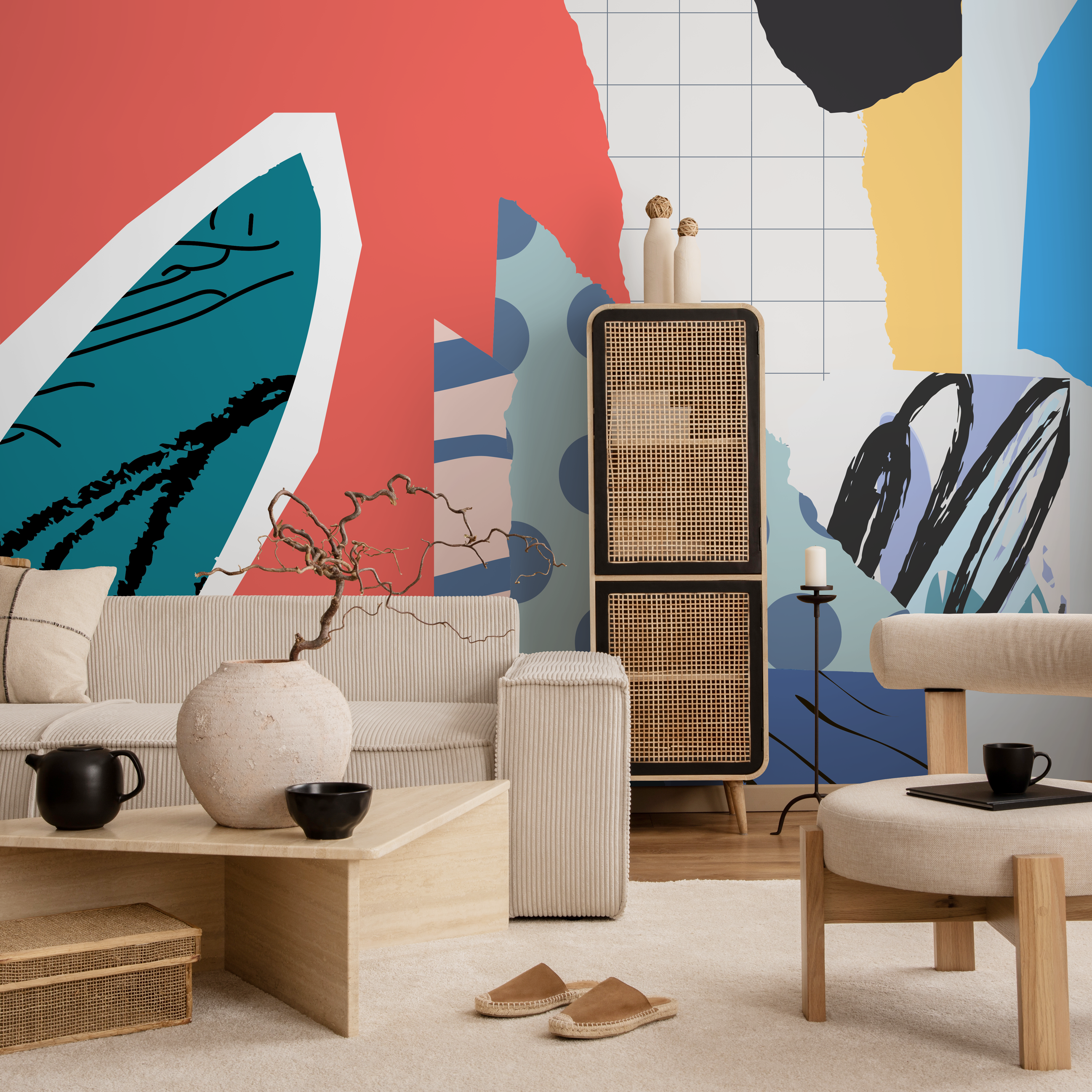 Abstract Wallpaper With A Modern Collage Motif In Red, Blue, And Yellow - B182