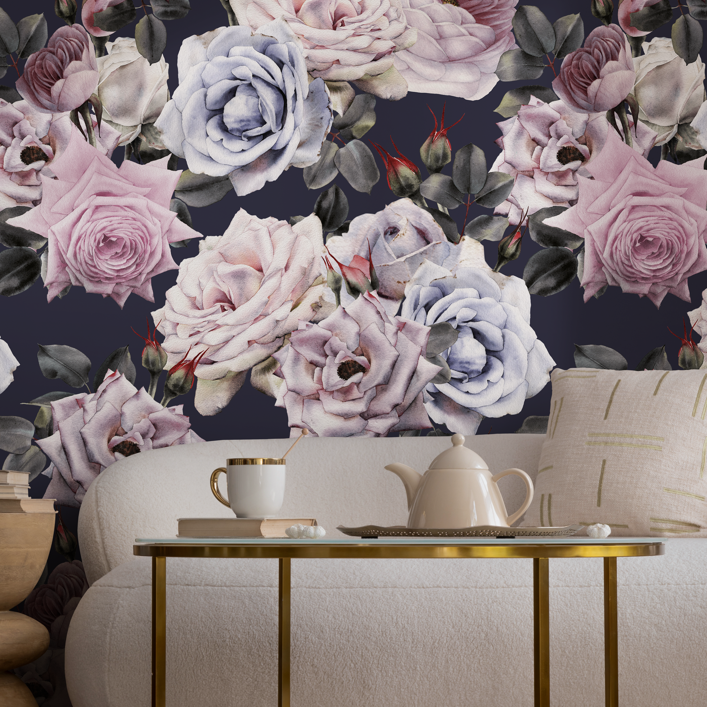Vintage Wallpaper With A Dark Floral Rose Motif In Pink And Blue - B184