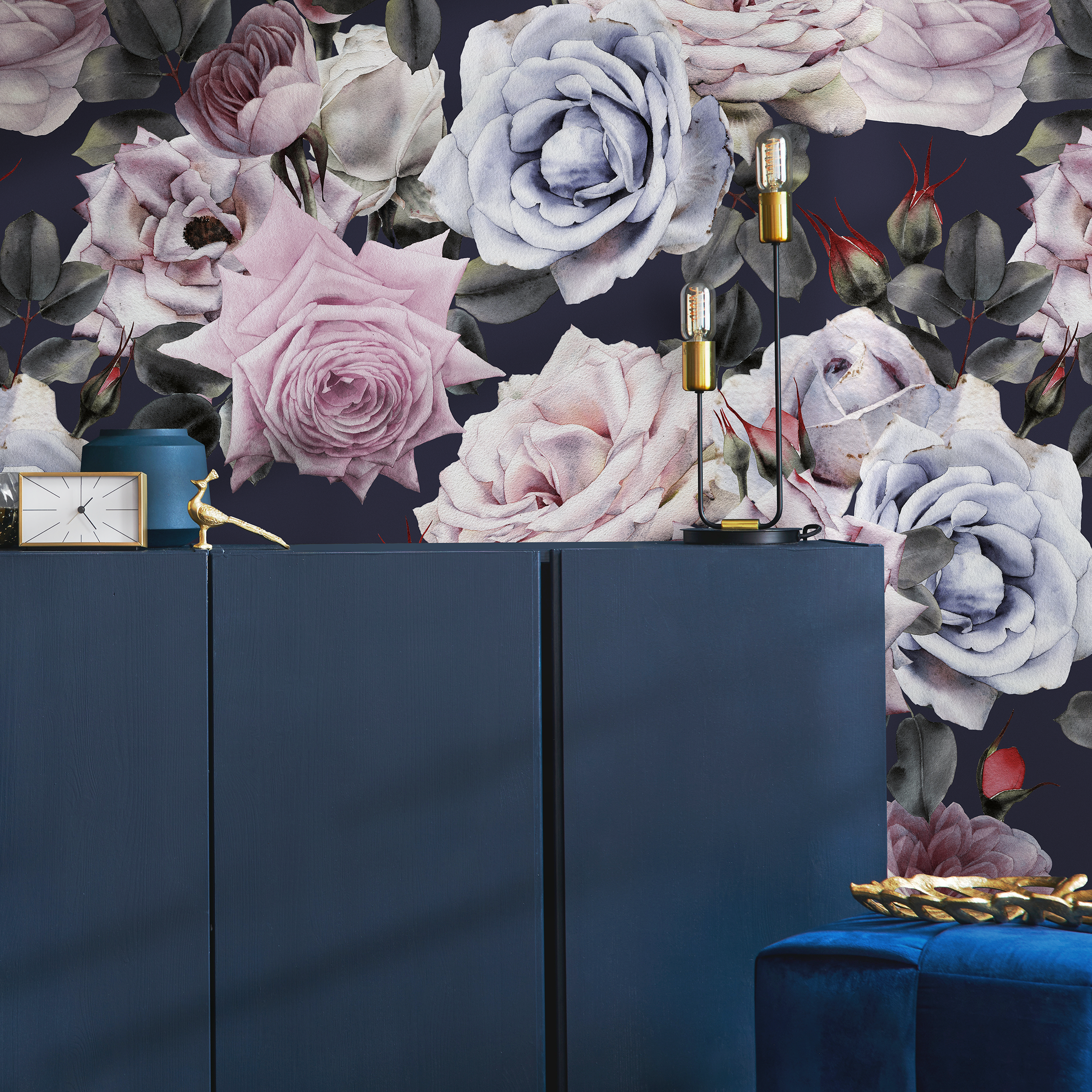 Vintage Wallpaper With A Dark Floral Rose Motif In Pink And Blue - B184