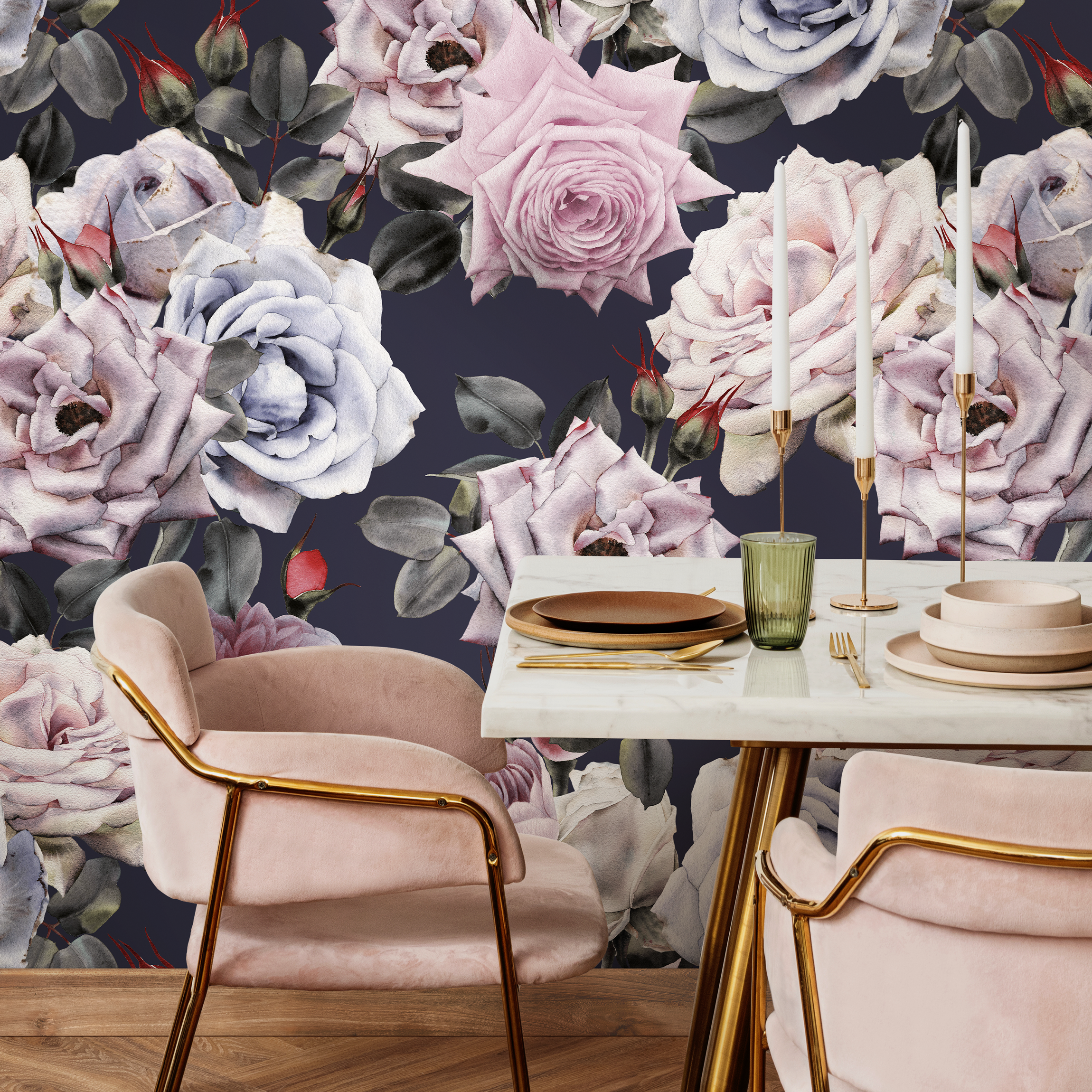 Vintage Wallpaper With A Dark Floral Rose Motif In Pink And Blue - B184