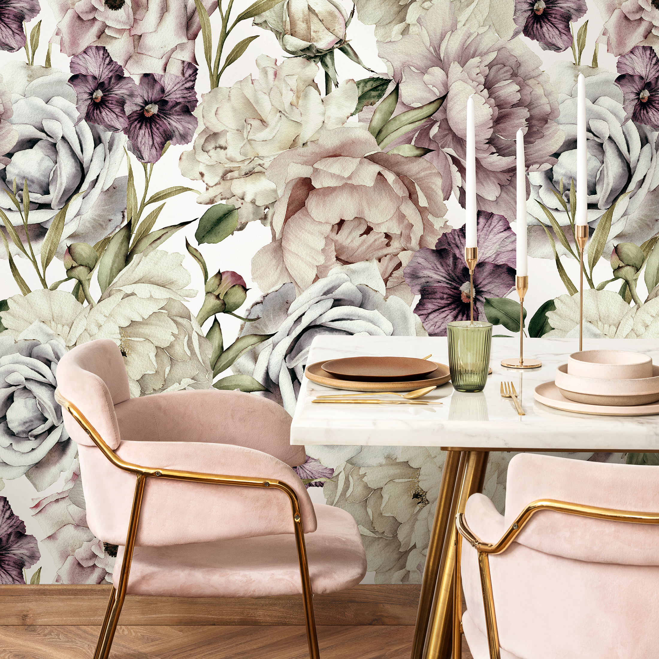 Floral Wallpaper With Vintage Peonies And Roses In Mauve And Purple - B185