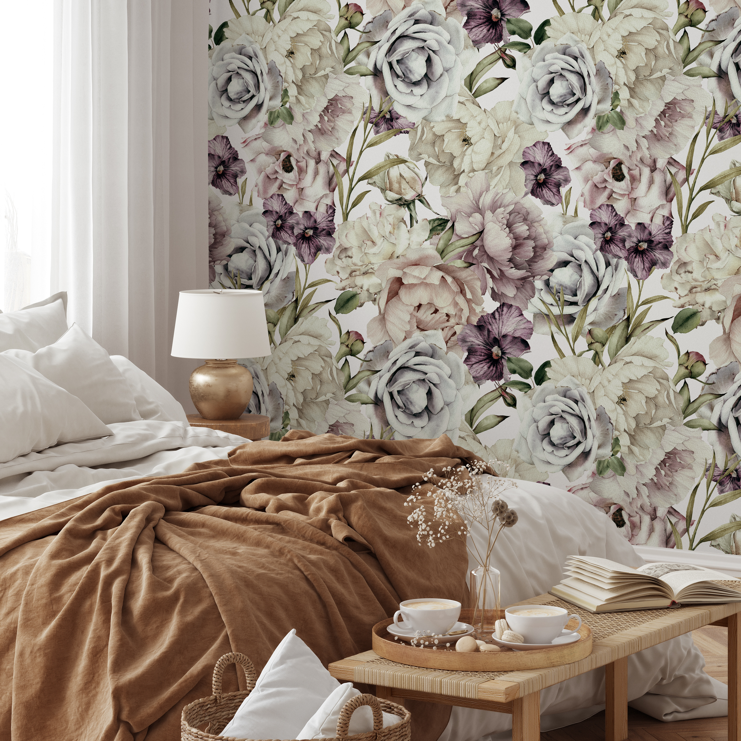 Floral Wallpaper With Vintage Peonies And Roses In Mauve And Purple - B185