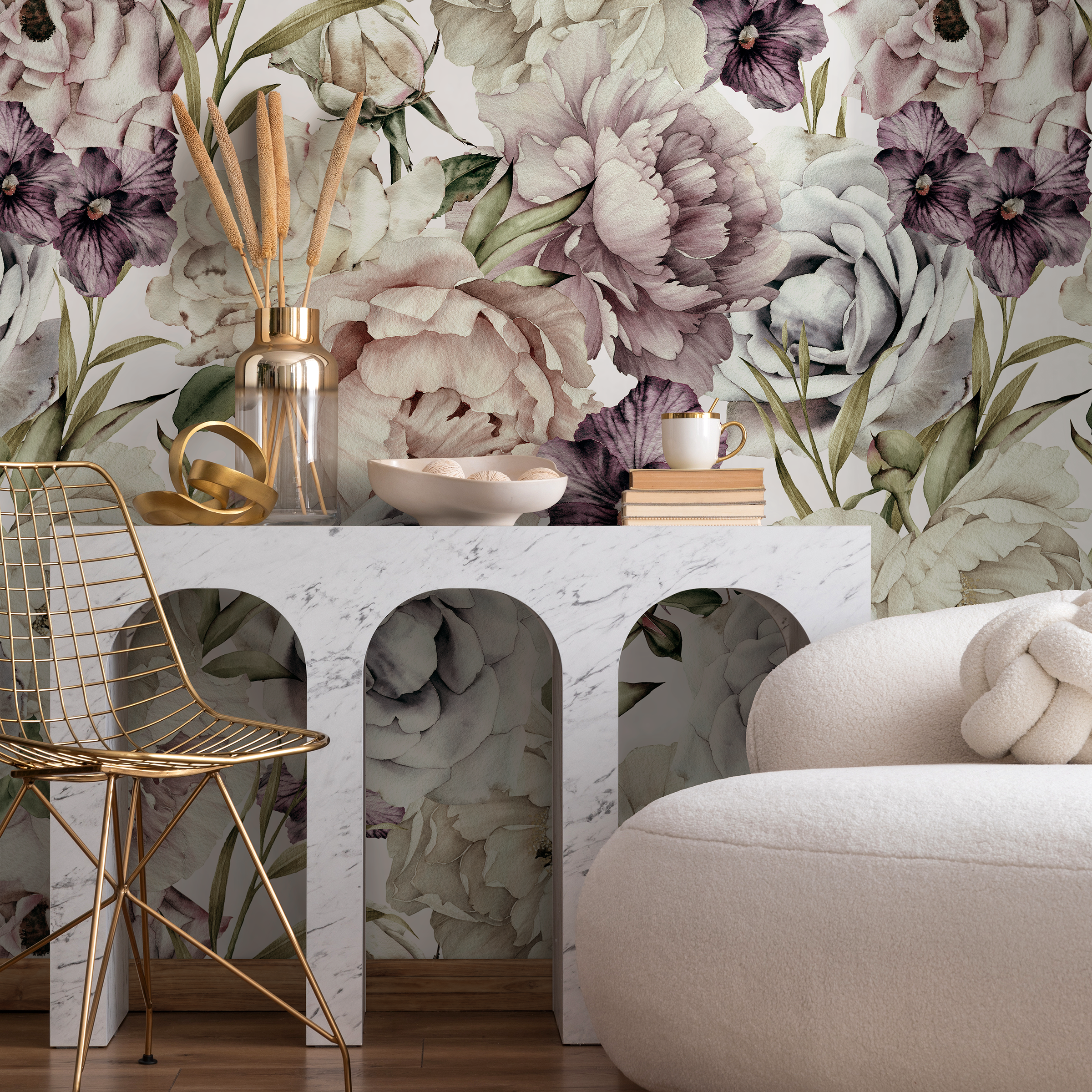 Floral Wallpaper With Vintage Peonies And Roses In Mauve And Purple - B185