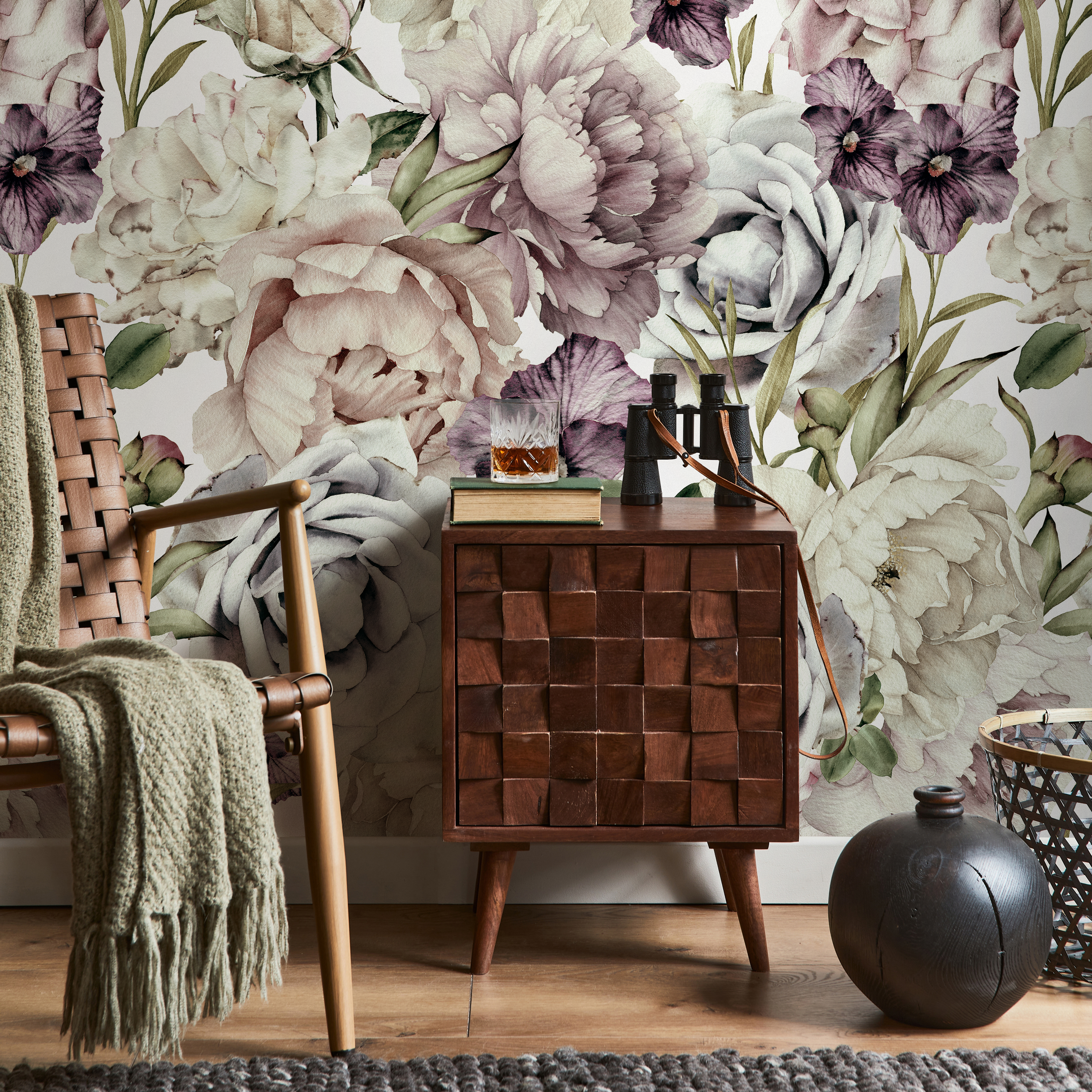 Floral Wallpaper With Vintage Peonies And Roses In Mauve And Purple - B185