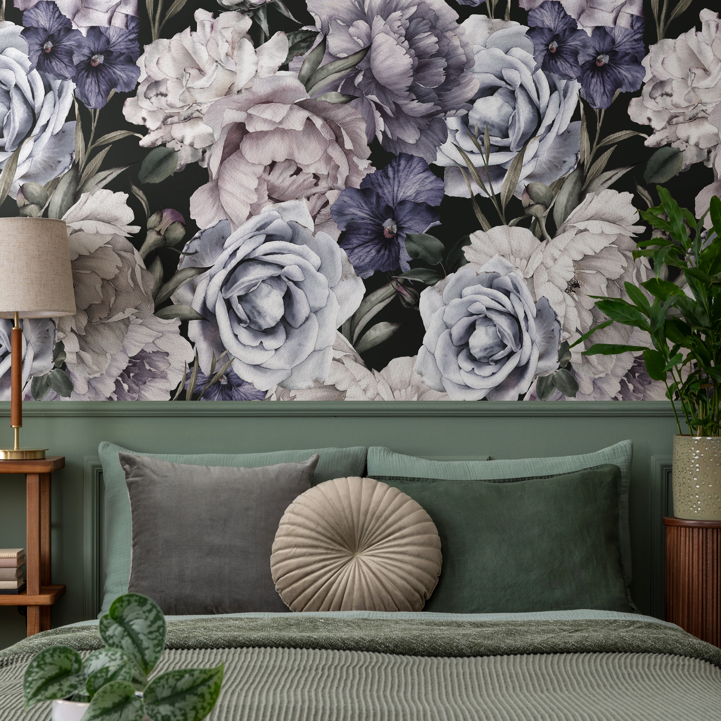 Floral Wallpaper With Vintage Peonies And Roses In Purple, Grey, And Black - B186