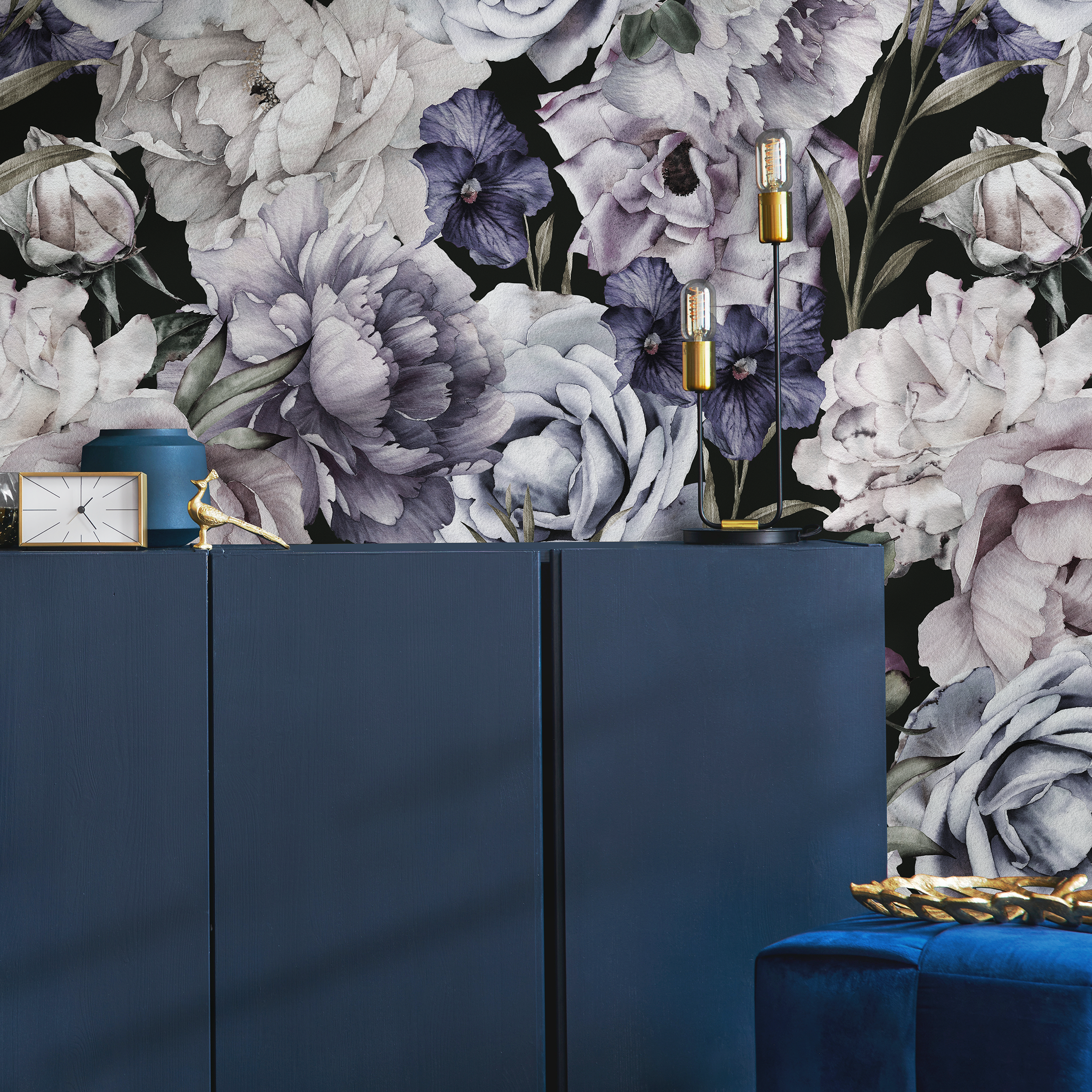 Floral Wallpaper With Vintage Peonies And Roses In Purple, Grey, And Black - B186