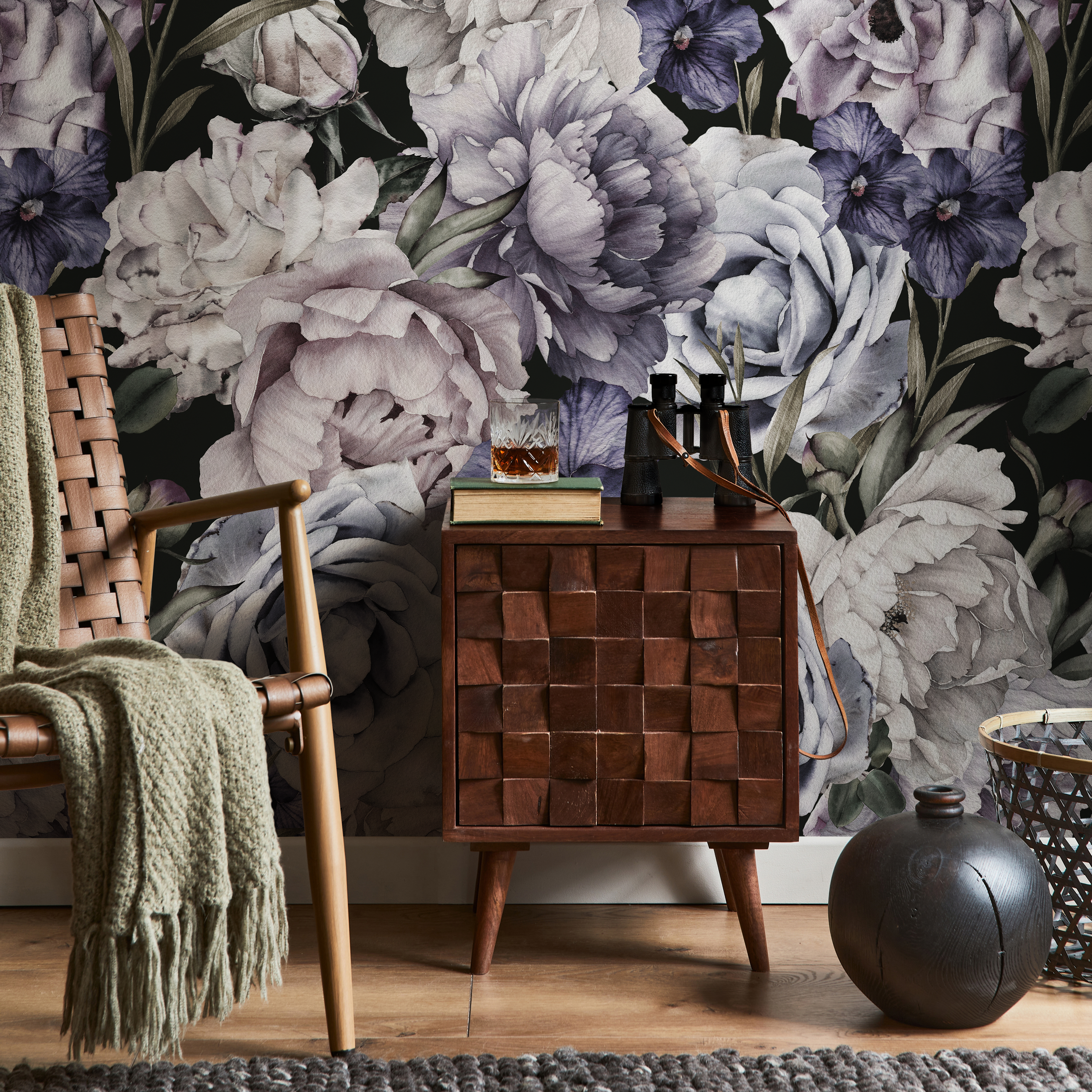 Floral Wallpaper With Vintage Peonies And Roses In Purple, Grey, And Black - B186