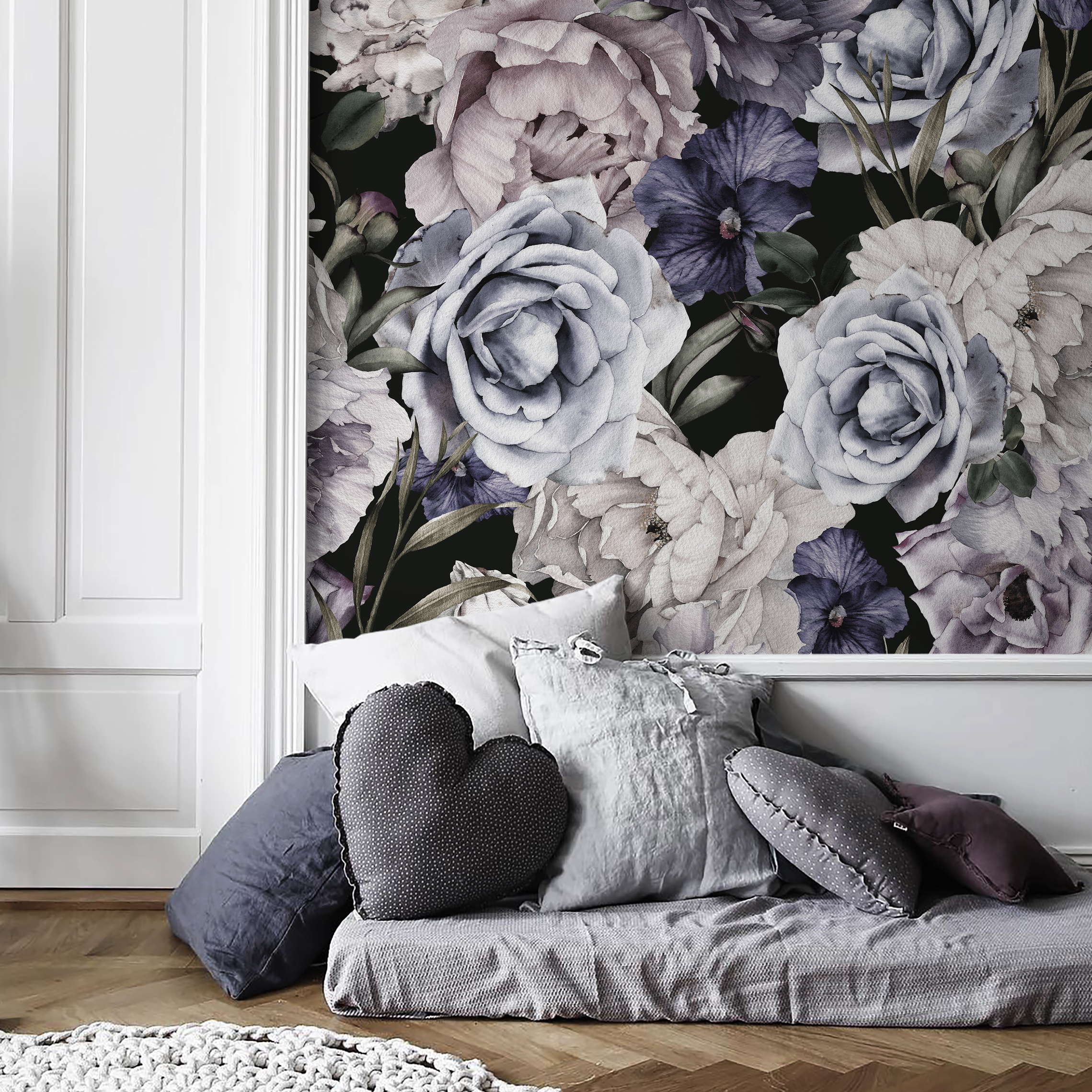 Floral Wallpaper With Vintage Peonies And Roses In Purple, Grey, And Black - B186