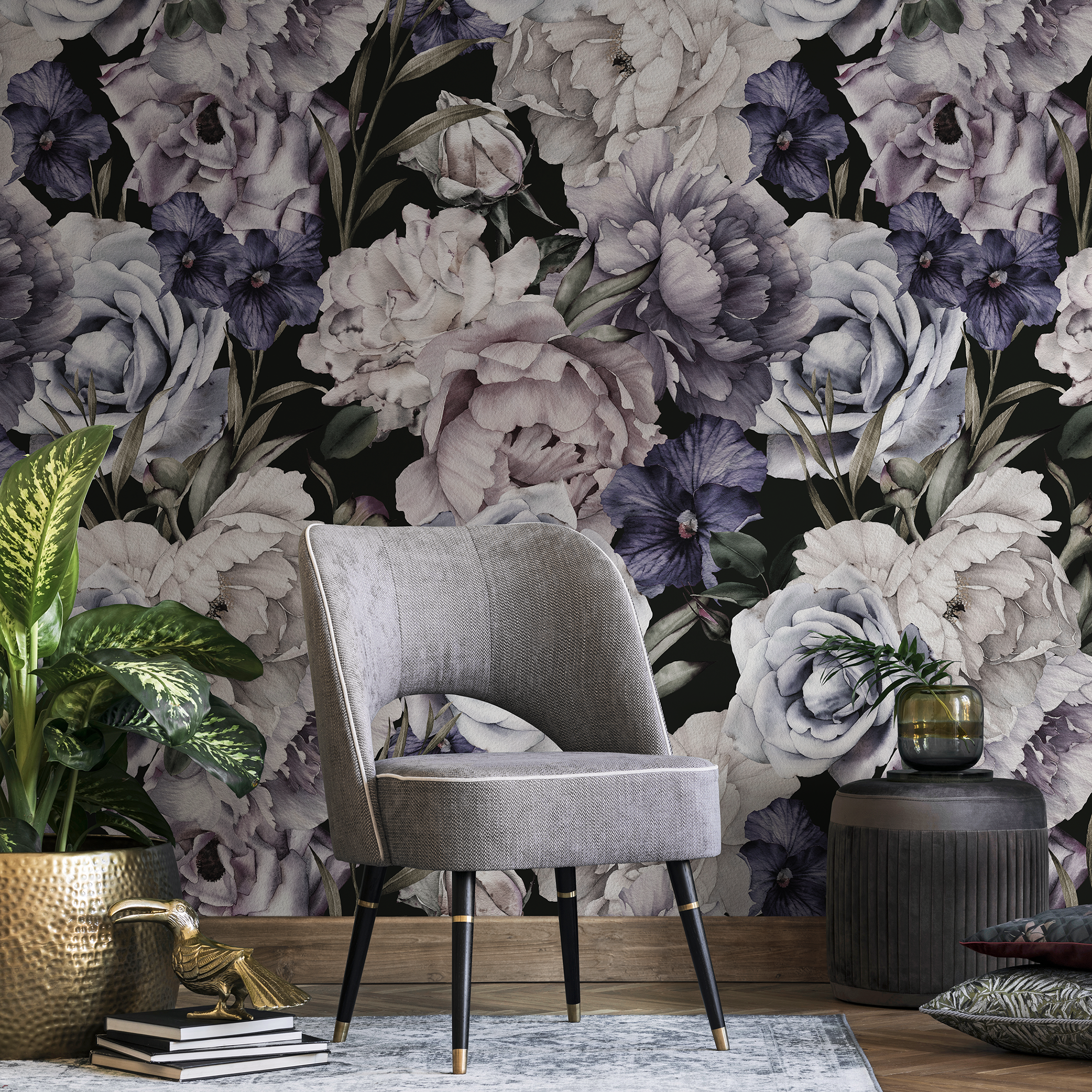 Floral Wallpaper With Vintage Peonies And Roses In Purple, Grey, And Black - B186