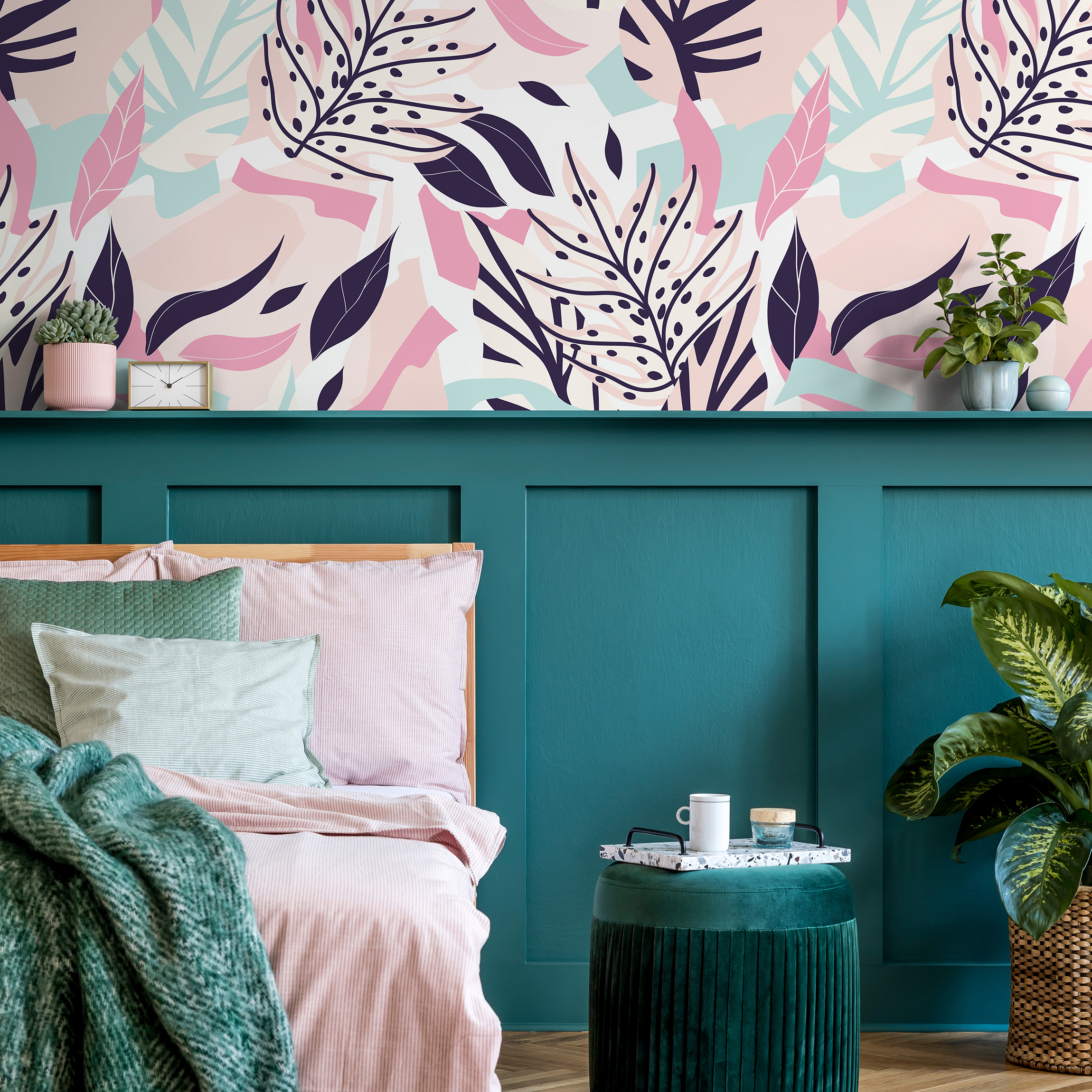 Botanical Wallpaper With Stylized Leaves In Pink, Blue, And Purple - B188