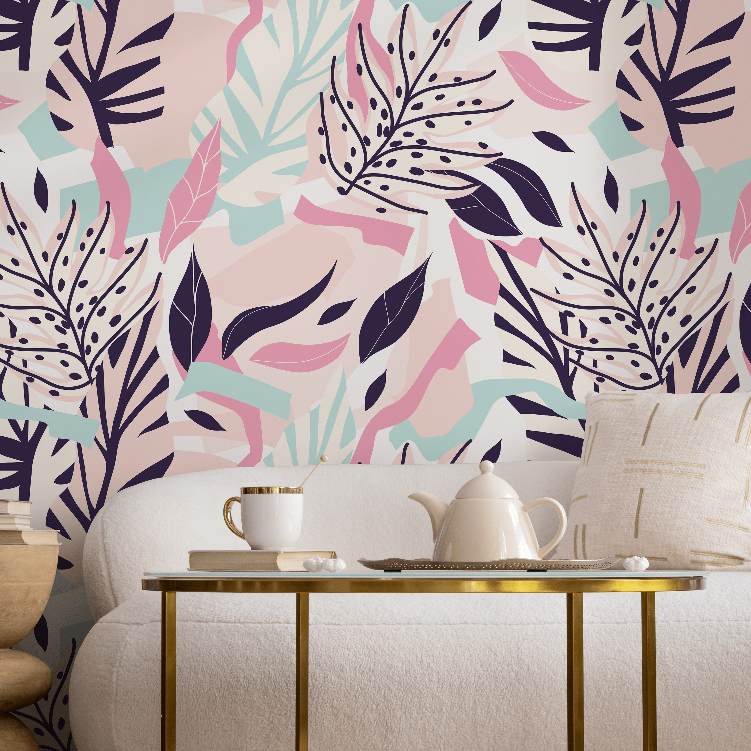 Botanical Wallpaper With Stylized Leaves In Pink, Blue, And Purple - B188