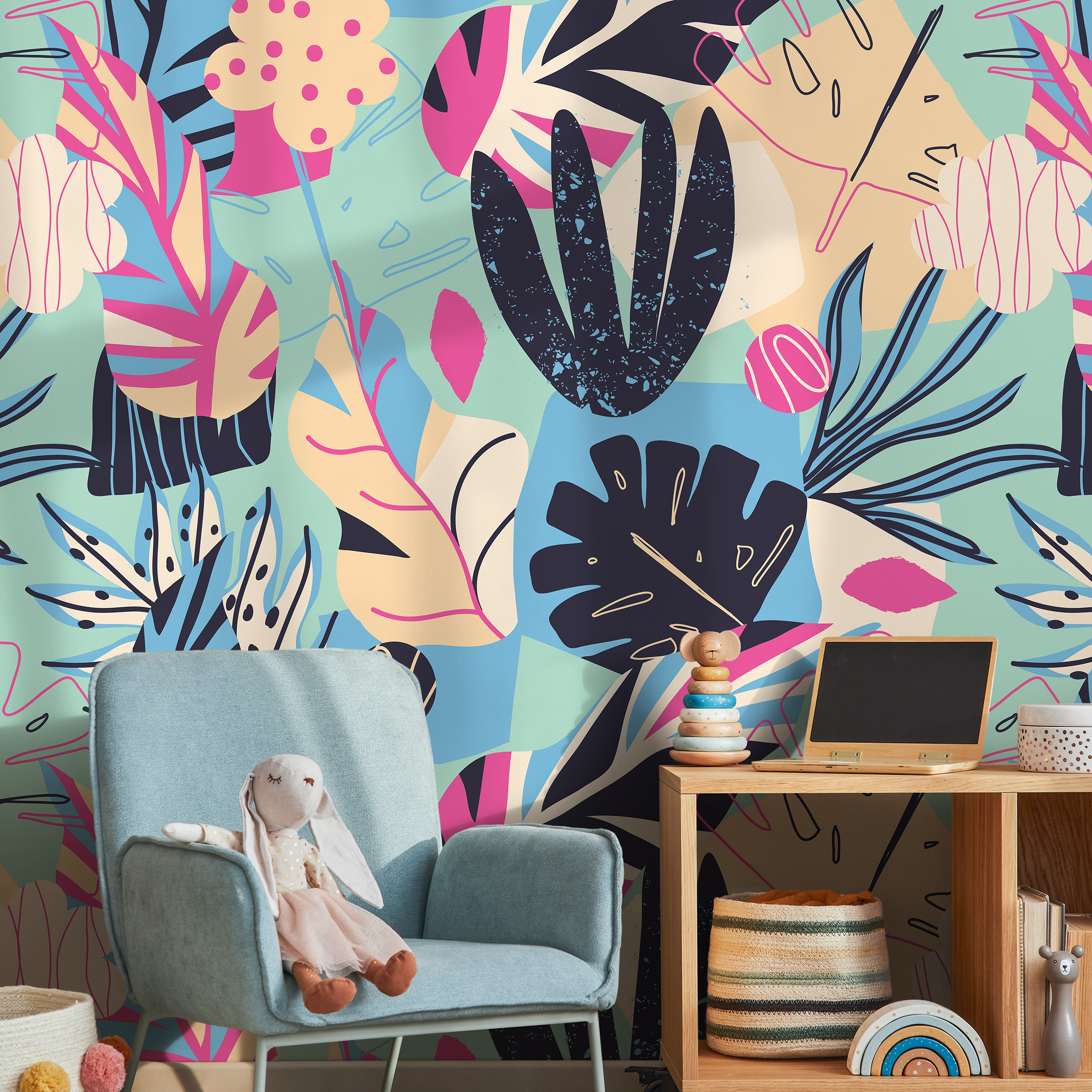 Abstract Wallpaper With Colorful Botanical Leaves In Blue, Pink, And Beige - B189