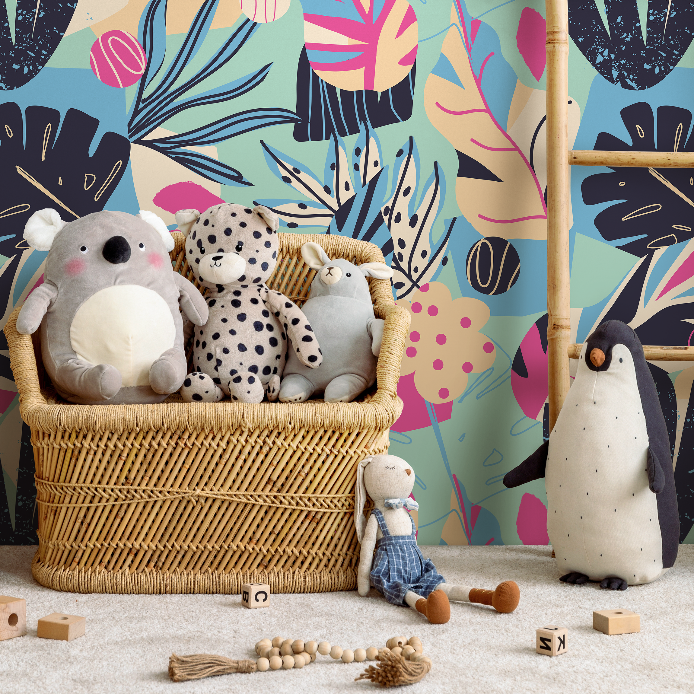 Abstract Wallpaper With Colorful Botanical Leaves In Blue, Pink, And Beige - B189