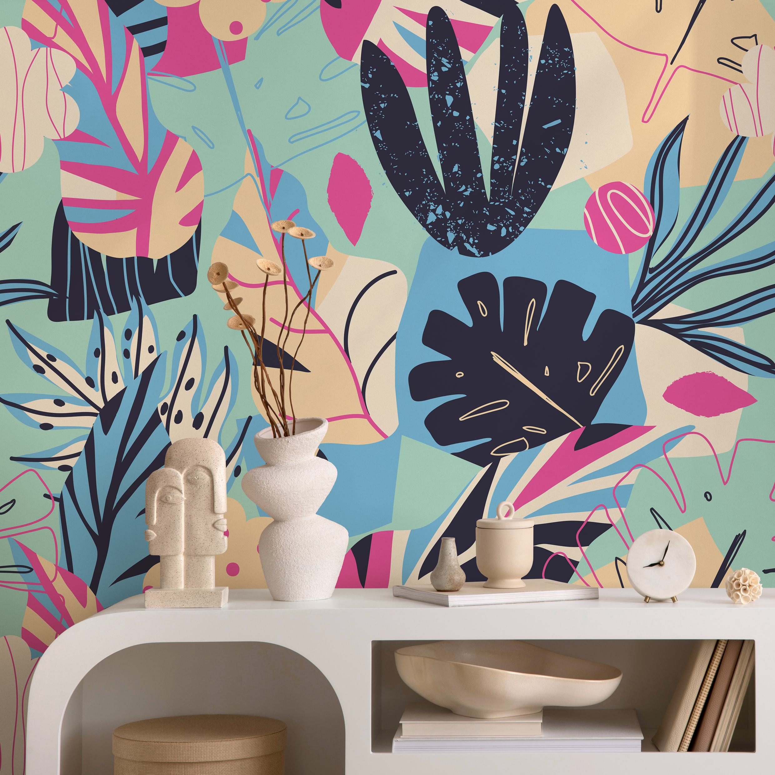 Abstract Wallpaper With Colorful Botanical Leaves In Blue, Pink, And Beige - B189
