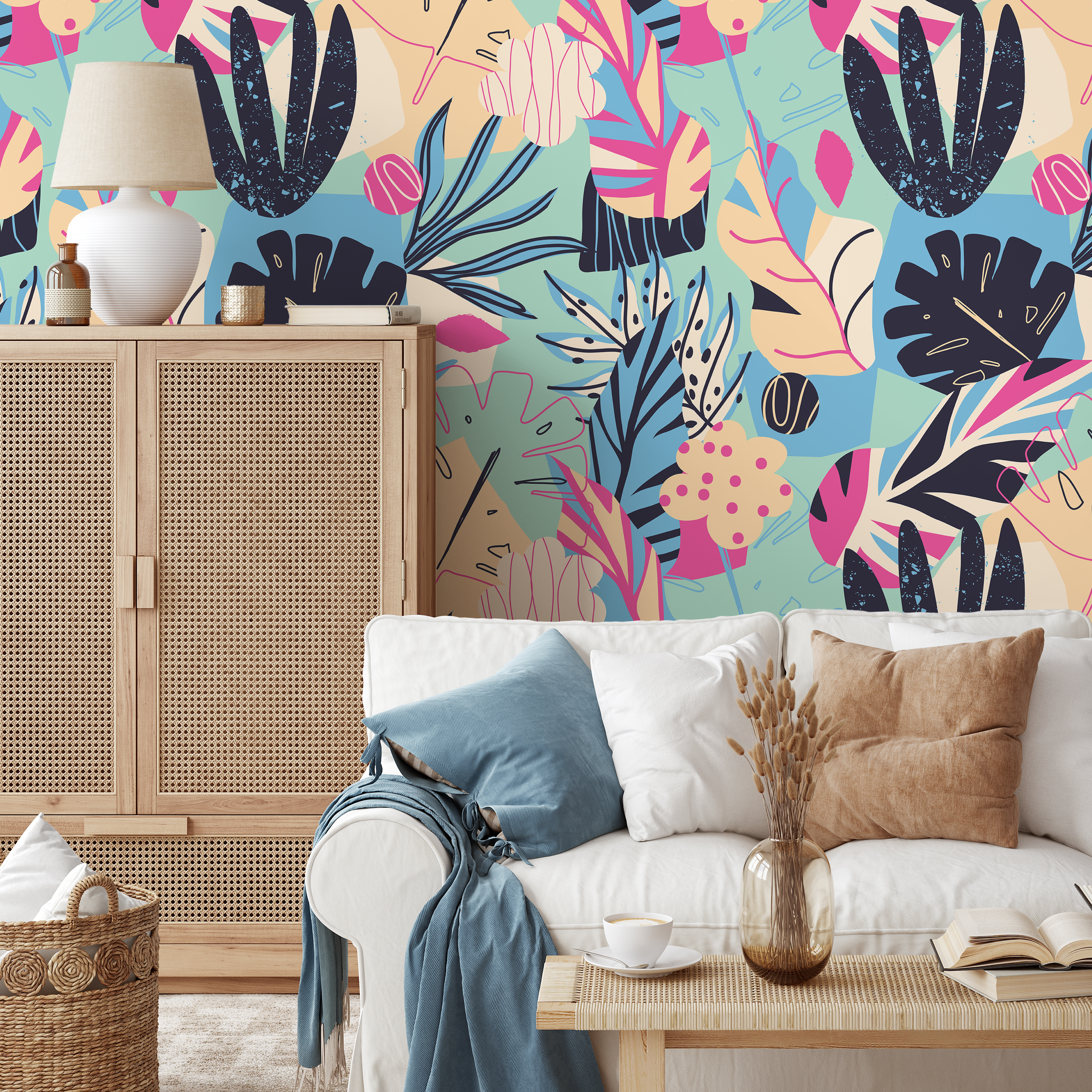 Abstract Wallpaper With Colorful Botanical Leaves In Blue, Pink, And Beige - B189