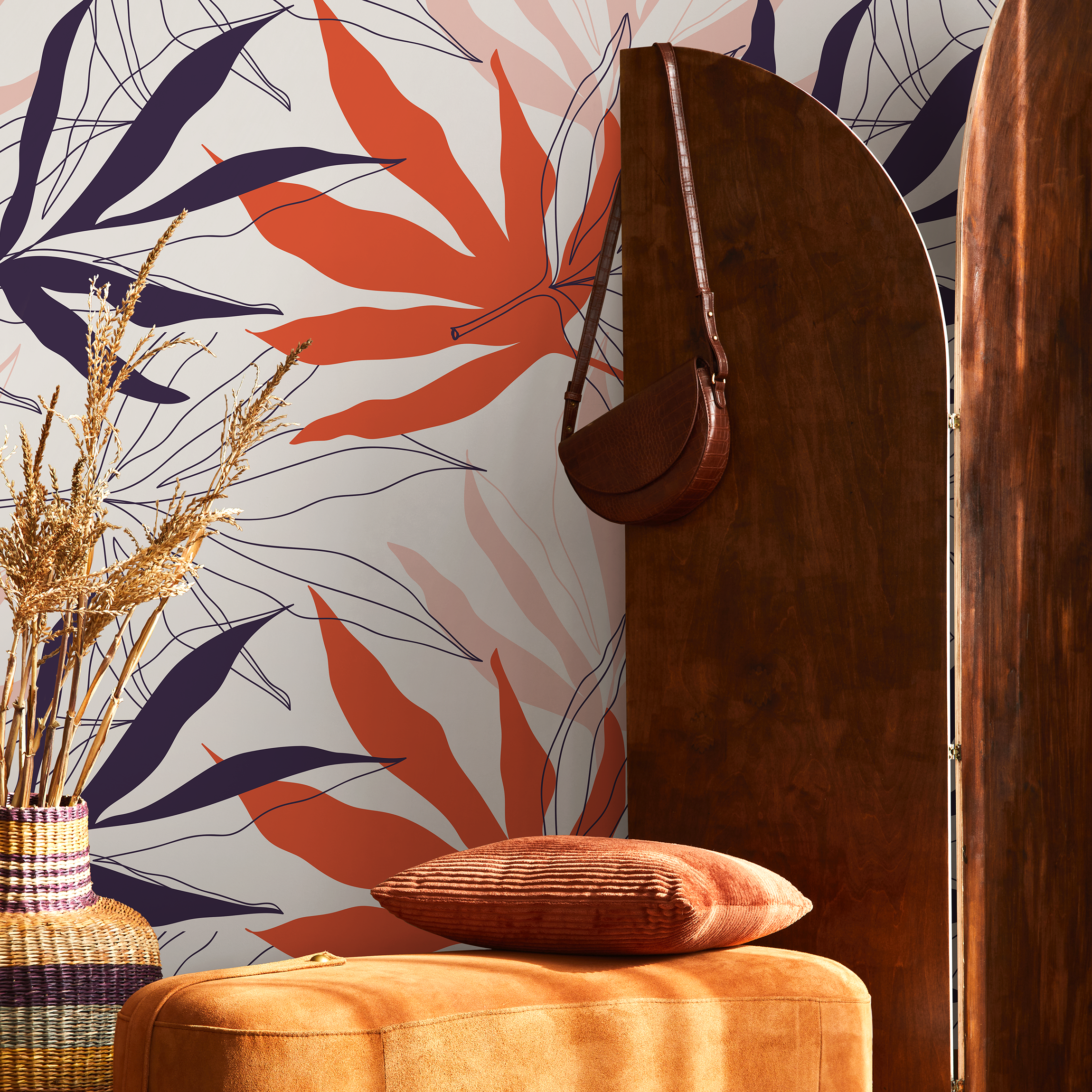 Botanical Wallpaper With Abstract Tropical Leaves In Purple And Orange - B190